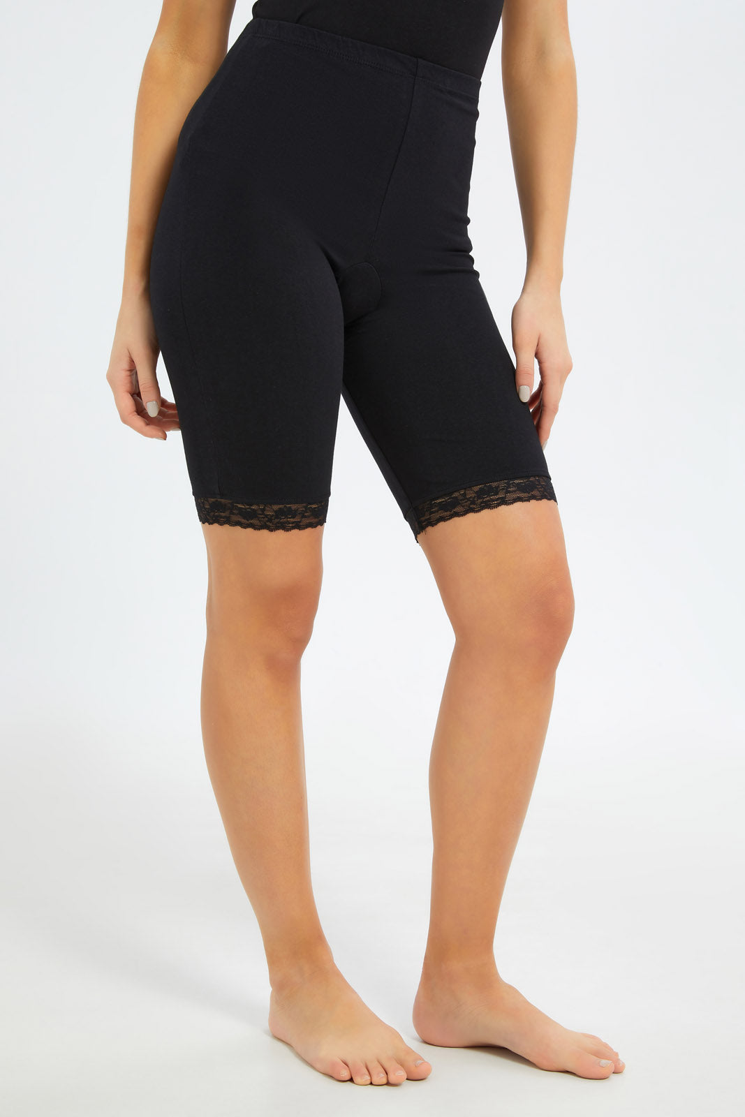 Redtag-Women-Black-Plain-Knitshort-With-Lace-Category:Briefs,-Colour:Black,-Deals:New-In,-Dept:Ladieswear,-Filter:Women's-Clothing,-New-In-Women-APL,-Non-Sale,-S23B,-Section:Women,-Women-Briefs--