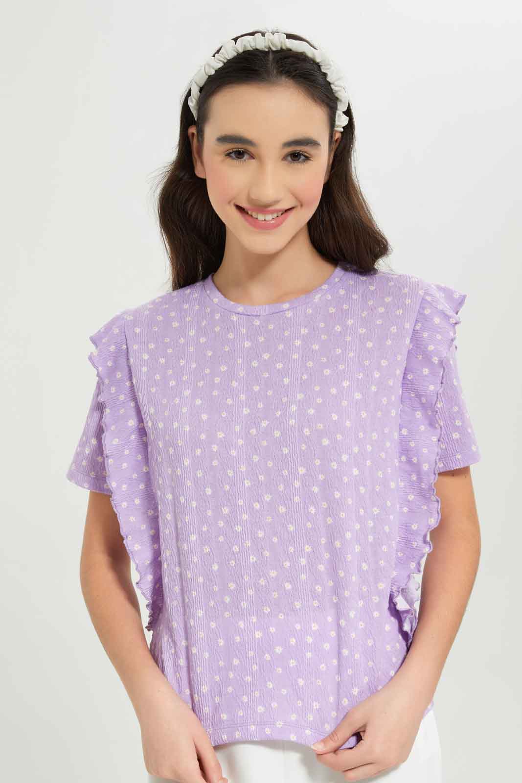 Redtag-Girls-White-Ruffled-Front-Jacquard-Top-Category:Blouses,-Colour:White,-Deals:New-In,-Dept:Girls,-Filter:Senior-Girls-(8-to-14-Yrs),-GSR-Blouses,-New-In-GSR-APL,-Non-Sale,-S23B,-Section:Girls-(0-to-14Yrs)-Senior-Girls-9 to 14 Years