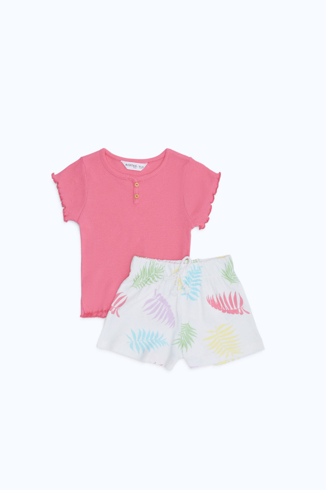 Redtag-Girls-Pink-Rib-T-Shirt-With-Shorts-Category:Sets,-Colour:Apricot,-Deals:New-In,-Dept:Girls,-Filter:Infant-Girls-(3-to-24-Mths),-H1:KWR,-H2:ING,-H3:SET,-H4:CAE,-ING-Sets,-New-In-ING-APL,-Non-Sale,-RMD,-S23C,-Season:S23C,-Section:Girls-(0-to-14Yrs)-Infant-Girls-3 to 24 Months