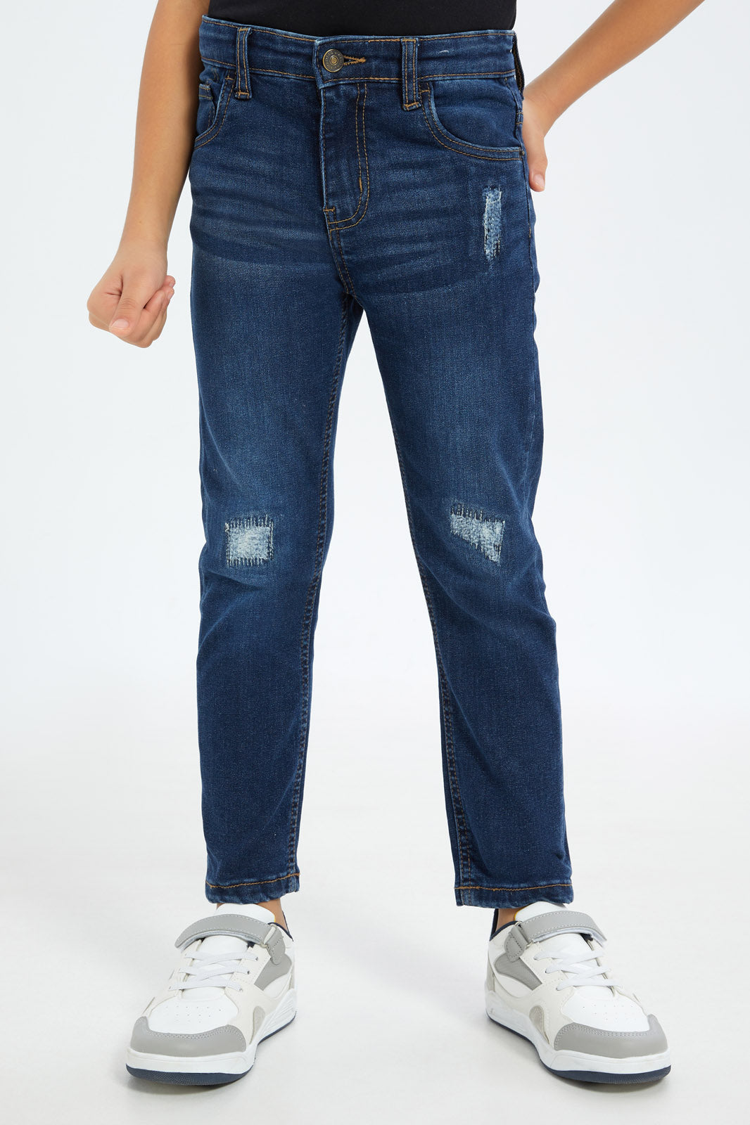 Redtag-Boys-Dak-Wash-Skinny-Rip-Repair-Jeans-BOY-Jeans,-Category:Jeans,-Colour:Dark-Wash,-Deals:New-In,-Dept:Boys,-Filter:Boys-(2-to-8-Yrs),-New-In-BOY-APL,-Non-Sale,-S23B,-Section:Boys-(0-to-14Yrs)-Boys-2 to 8 Years