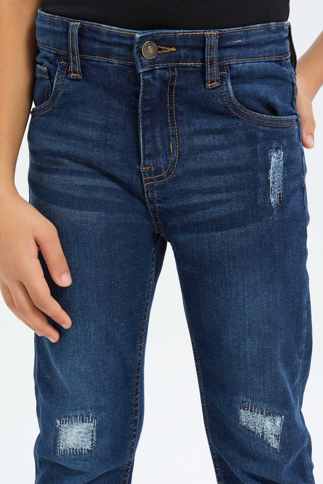 Redtag-Boys-Dak-Wash-Skinny-Rip-Repair-Jeans-BOY-Jeans,-Category:Jeans,-Colour:Dark-Wash,-Deals:New-In,-Dept:Boys,-Filter:Boys-(2-to-8-Yrs),-New-In-BOY-APL,-Non-Sale,-S23B,-Section:Boys-(0-to-14Yrs)-Boys-2 to 8 Years