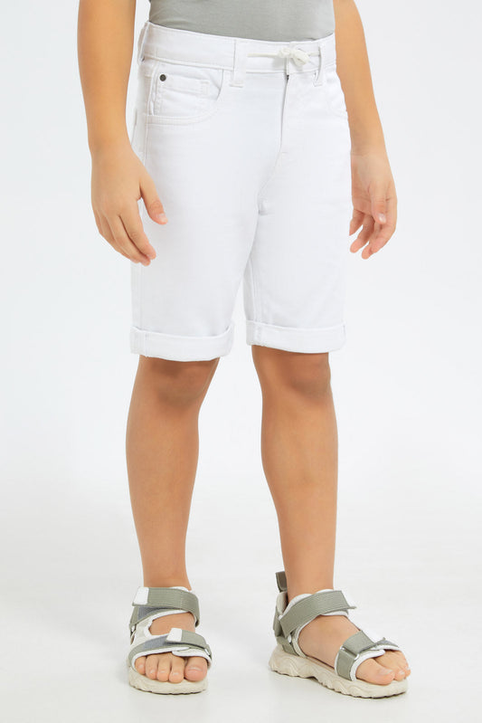 Redtag-Boys-White-Knit-Denim-5Pkt-Fixed-Waistband-With-Draw-Cord-Shorts-BOY-Shorts,-Category:Shorts,-Colour:White,-Deals:New-In,-Dept:Boys,-Filter:Boys-(2-to-8-Yrs),-H1:KWR,-H2:BOY,-H3:DNB,-H4:SRT,-New-In-BOY-APL,-Non-Sale,-S23C,-Season:S23C,-Section:Boys-(0-to-14Yrs)-Boys-2 to 8 Years