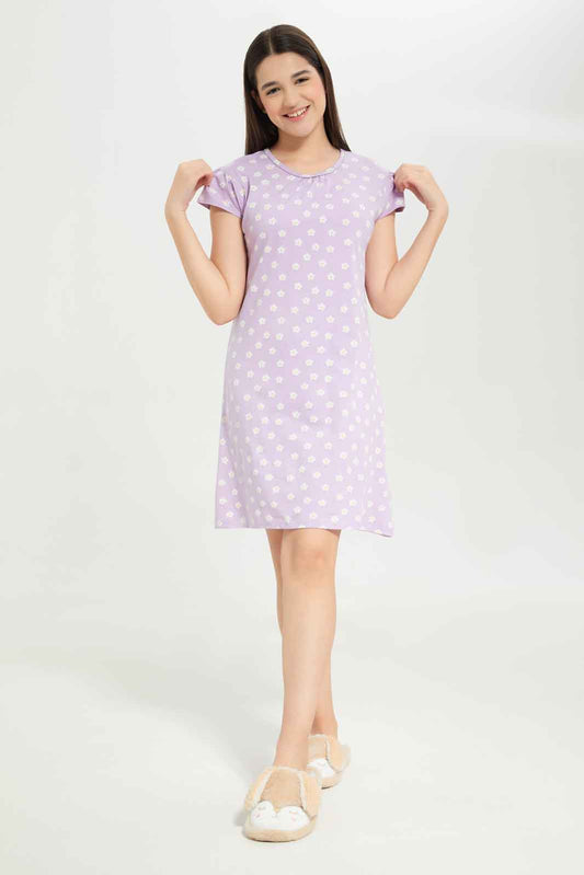 Redtag-Girls-Purple-Floral-Basic-Nightdress-Category:Nightshirts,-Colour:Purple,-Deals:New-In,-Dept:Girls,-Filter:Senior-Girls-(8-to-14-Yrs),-GSR-Nightshirts,-New-In-GSR-APL,-Non-Sale,-S23B,-Section:Girls-(0-to-14Yrs)-Senior-Girls-9 to 14 Years