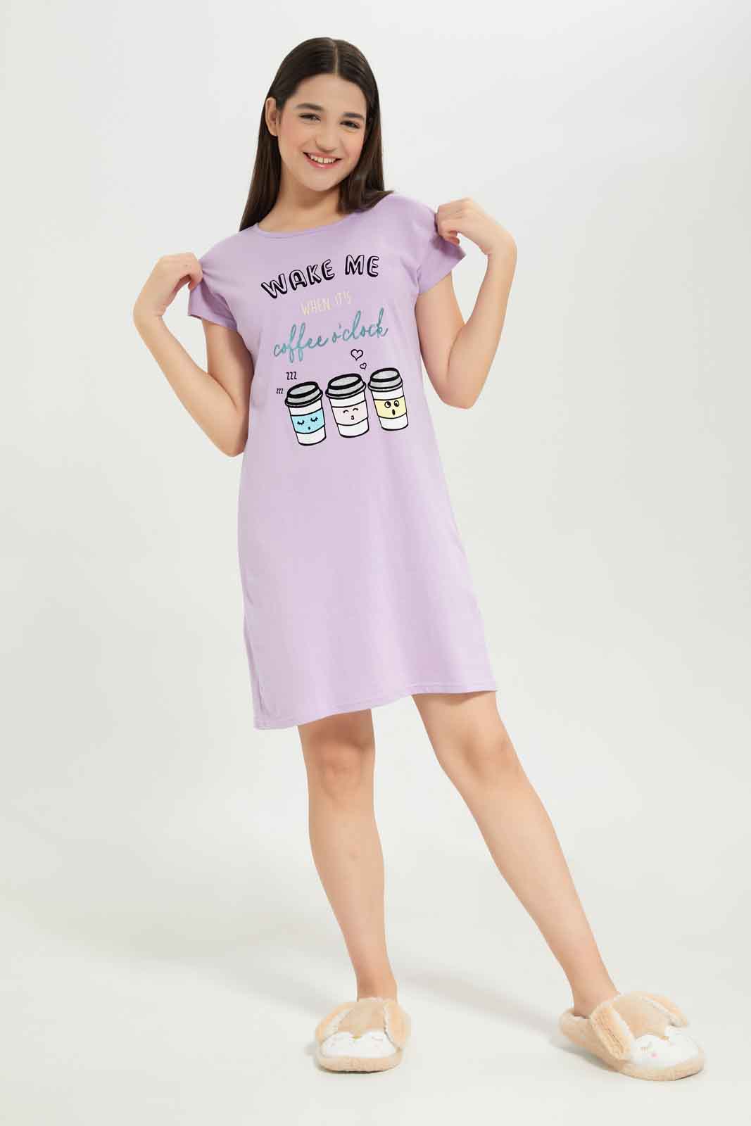 Redtag-Girls-Purple-Coffee-Print-Nightdress-Category:Nightshirts,-Colour:Purple,-Deals:New-In,-Dept:Girls,-Filter:Senior-Girls-(8-to-14-Yrs),-GSR-Nightshirts,-New-In-GSR-APL,-Non-Sale,-S23B,-Section:Girls-(0-to-14Yrs)-Senior-Girls-9 to 14 Years