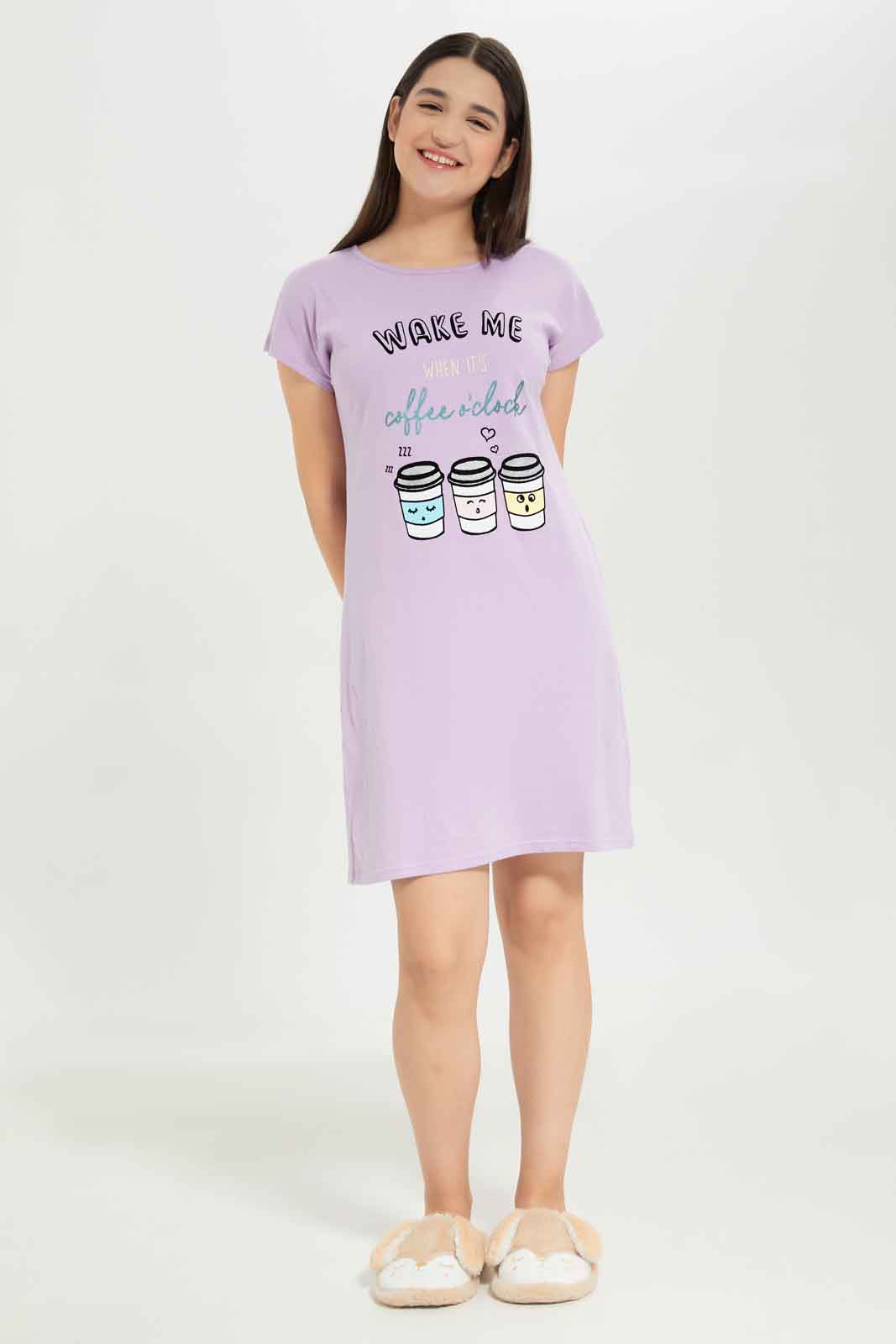Redtag-Girls-Purple-Coffee-Print-Nightdress-Category:Nightshirts,-Colour:Purple,-Deals:New-In,-Dept:Girls,-Filter:Senior-Girls-(8-to-14-Yrs),-GSR-Nightshirts,-New-In-GSR-APL,-Non-Sale,-S23B,-Section:Girls-(0-to-14Yrs)-Senior-Girls-9 to 14 Years