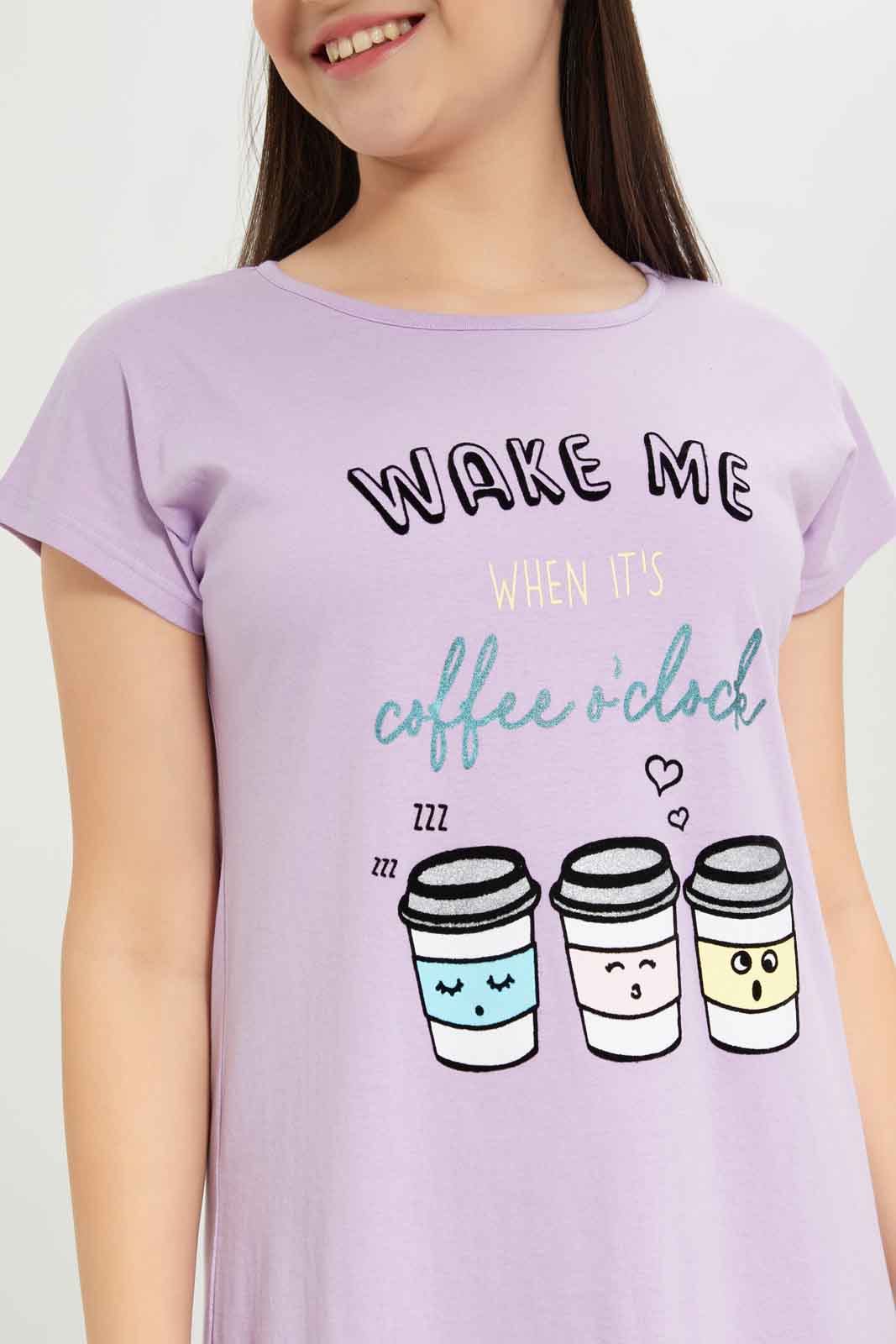 Redtag-Girls-Purple-Coffee-Print-Nightdress-Category:Nightshirts,-Colour:Purple,-Deals:New-In,-Dept:Girls,-Filter:Senior-Girls-(8-to-14-Yrs),-GSR-Nightshirts,-New-In-GSR-APL,-Non-Sale,-S23B,-Section:Girls-(0-to-14Yrs)-Senior-Girls-9 to 14 Years