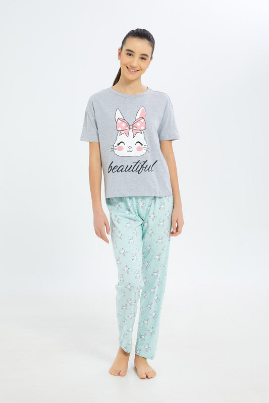 Redtag-Girls-Grey-Melange-Bunny-Pajama-Sets-Category:Pyjama-Sets,-Colour:Grey,-Deals:New-In,-Dept:Girls,-Filter:Senior-Girls-(8-to-14-Yrs),-GSR-Pyjama-Sets,-H1:KWR,-H2:GSR,-H3:NWR,-H4:PJS,-New-In-GSR-APL,-Non-Sale,-S23B,-Season:S23B,-Section:Girls-(0-to-14Yrs)-Senior-Girls-9 to 14 Years