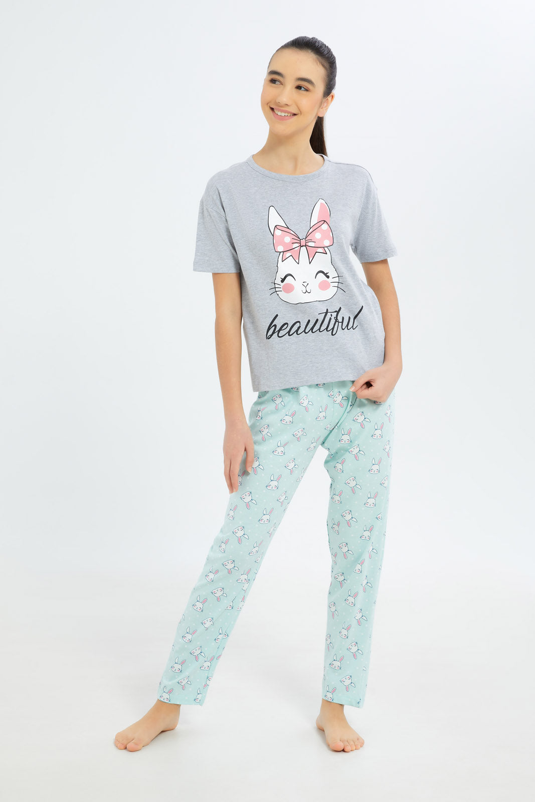 Redtag-Girls-Grey-Melange-Bunny-Pajama-Sets-Category:Pyjama-Sets,-Colour:Grey,-Deals:New-In,-Dept:Girls,-Filter:Senior-Girls-(8-to-14-Yrs),-GSR-Pyjama-Sets,-H1:KWR,-H2:GSR,-H3:NWR,-H4:PJS,-New-In-GSR-APL,-Non-Sale,-S23B,-Season:S23B,-Section:Girls-(0-to-14Yrs)-Senior-Girls-9 to 14 Years