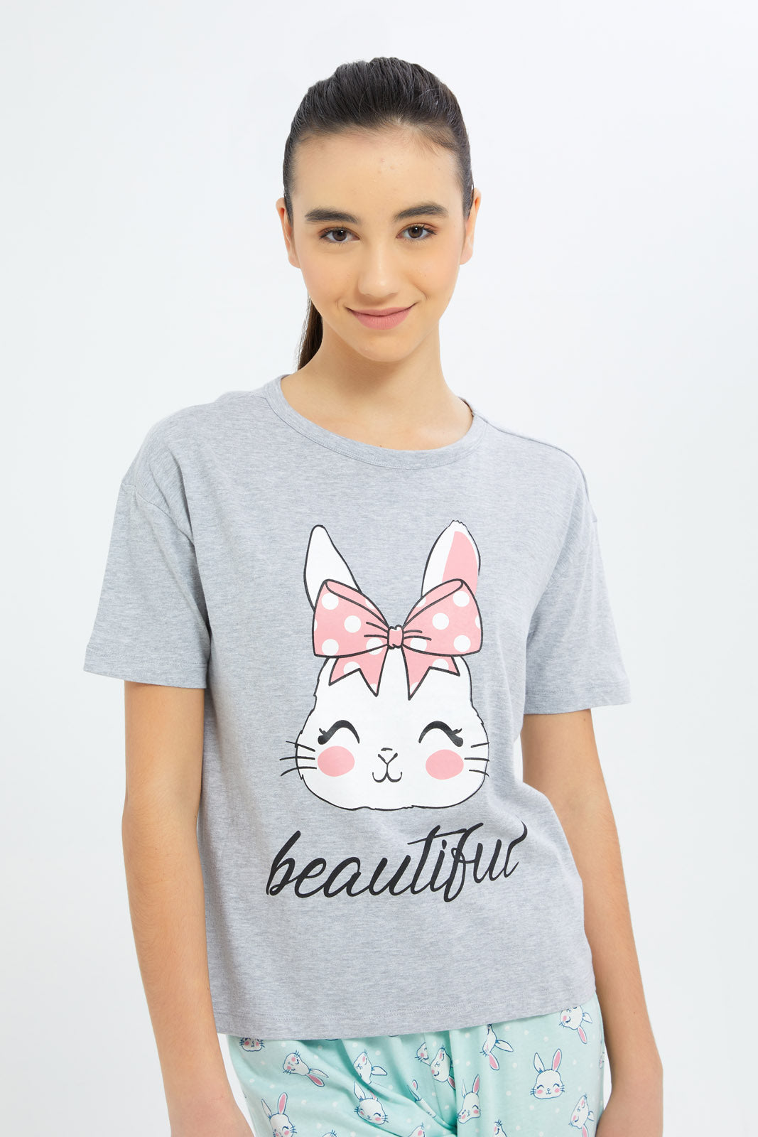 Redtag-Girls-Grey-Melange-Bunny-Pajama-Sets-Category:Pyjama-Sets,-Colour:Grey,-Deals:New-In,-Dept:Girls,-Filter:Senior-Girls-(8-to-14-Yrs),-GSR-Pyjama-Sets,-H1:KWR,-H2:GSR,-H3:NWR,-H4:PJS,-New-In-GSR-APL,-Non-Sale,-S23B,-Season:S23B,-Section:Girls-(0-to-14Yrs)-Senior-Girls-9 to 14 Years