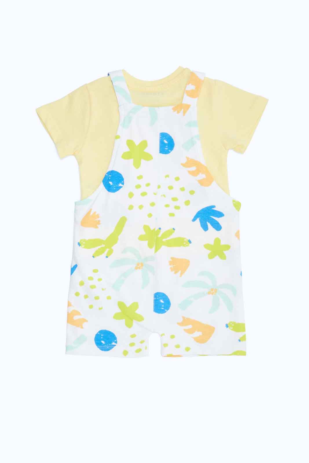 Redtag-2-Pices-Boys-Aop-Dungaree-With-T-Shirt-Category:Rompers,-Colour:Assorted,-Deals:New-In,-Dept:New-Born,-Filter:Baby-(0-to-12-Mths),-NBF-Rompers,-New-In-NBF-APL,-Non-Sale,-S23B,-Section:Boys-(0-to-14Yrs)-Baby-0 to 12 Months