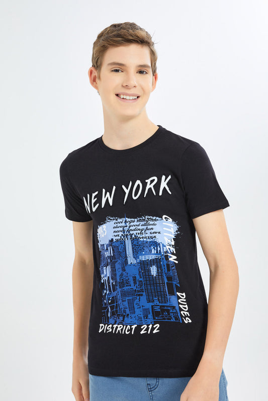 Redtag-Boys-Black-Emboss-Tee-BSR-T-Shirts,-Category:T-Shirts,-Colour:Black,-Deals:New-In,-Dept:Boys,-Filter:Senior-Boys-(8-to-14-Yrs),-H1:KWR,-H2:BSR,-H3:TSH,-H4:TSH,-New-In-BSR-APL,-Non-Sale,-S23B,-Season:S23C,-Section:Boys-(0-to-14Yrs)-Senior-Boys-9 to 14 Years