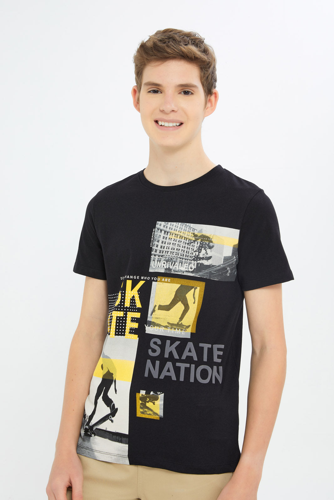 Redtag-Boys-Black-Skating-Tee-BSR-T-Shirts,-Category:T-Shirts,-Colour:Black,-Deals:New-In,-Dept:Boys,-Filter:Senior-Boys-(8-to-14-Yrs),-H1:KWR,-H2:BSR,-H3:TSH,-H4:TSH,-New-In-BSR-APL,-Non-Sale,-S23B,-Season:S23D,-Section:Boys-(0-to-14Yrs)-Senior-Boys-9 to 14 Years