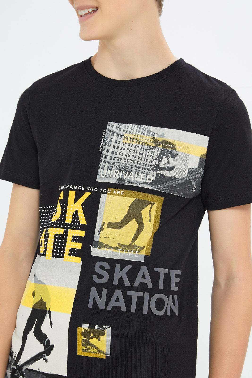 Redtag-Boys-Black-Skating-Tee-BSR-T-Shirts,-Category:T-Shirts,-Colour:Black,-Deals:New-In,-Dept:Boys,-Filter:Senior-Boys-(8-to-14-Yrs),-H1:KWR,-H2:BSR,-H3:TSH,-H4:TSH,-New-In-BSR-APL,-Non-Sale,-S23B,-Season:S23D,-Section:Boys-(0-to-14Yrs)-Senior-Boys-9 to 14 Years