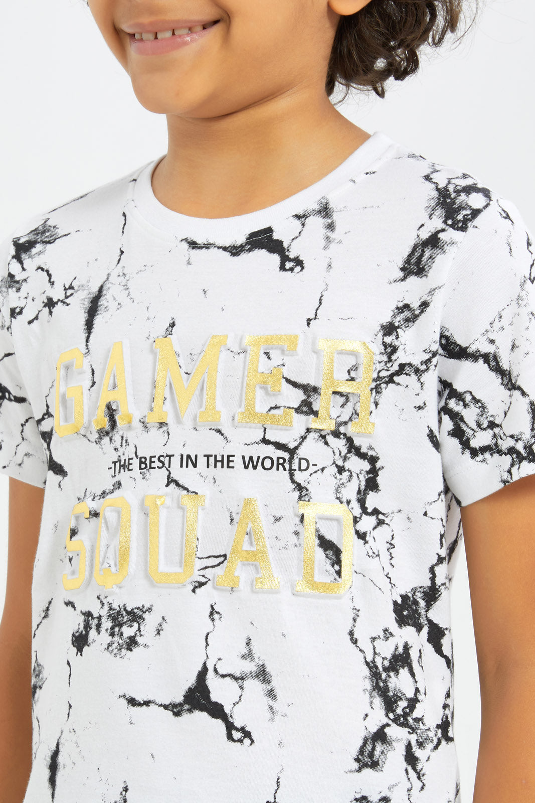 Redtag-Boys-White-Aop-Shorts-Sleeve-With-Chest-Embossed-Print-T-Shirt-BOY-T-Shirts,-Category:T-Shirts,-Colour:White,-Deals:New-In,-Dept:Boys,-Filter:Boys-(2-to-8-Yrs),-H1:KWR,-H2:BOY,-H3:TSH,-H4:TSH,-New-In-BOY-APL,-Non-Sale,-RMD,-S23C,-Season:S23C,-Section:Boys-(0-to-14Yrs)-Boys-2 to 8 Years