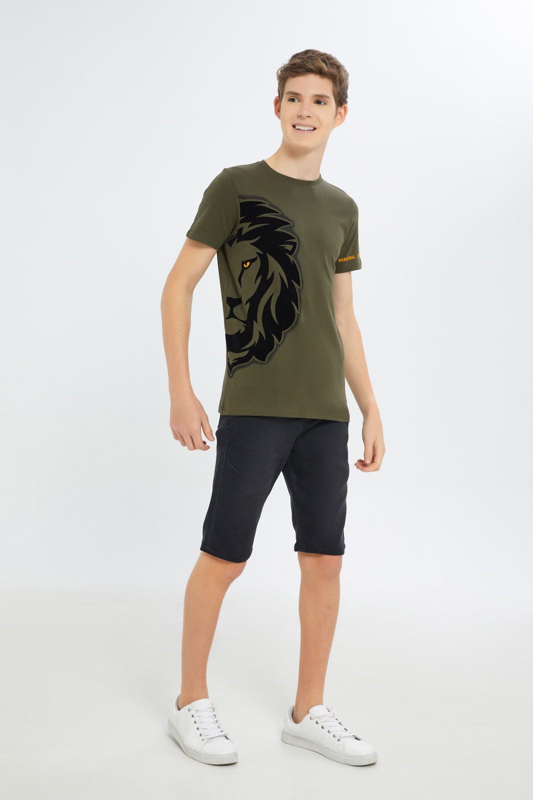Redtag-Boys-Olive-Tiger-Flock-Tee-BSR-T-Shirts,-Category:T-Shirts,-Colour:Green,-Deals:New-In,-Dept:Boys,-Filter:Senior-Boys-(8-to-14-Yrs),-H1:KWR,-H2:BSR,-H3:TSH,-H4:TSH,-New-In-BSR-APL,-Non-Sale,-S23B,-Season:S23C,-Section:Boys-(0-to-14Yrs)-Senior-Boys-9 to 14 Years