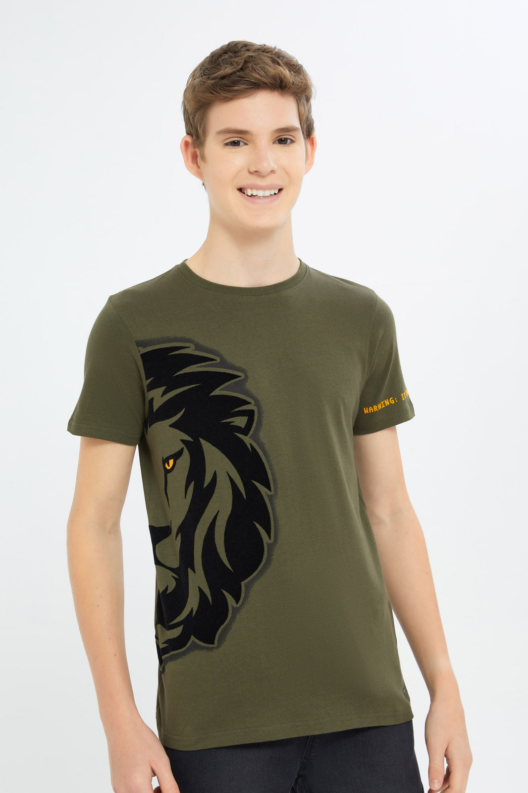 Redtag-Boys-Olive-Tiger-Flock-Tee-BSR-T-Shirts,-Category:T-Shirts,-Colour:Green,-Deals:New-In,-Dept:Boys,-Filter:Senior-Boys-(8-to-14-Yrs),-H1:KWR,-H2:BSR,-H3:TSH,-H4:TSH,-New-In-BSR-APL,-Non-Sale,-S23B,-Season:S23C,-Section:Boys-(0-to-14Yrs)-Senior-Boys-9 to 14 Years