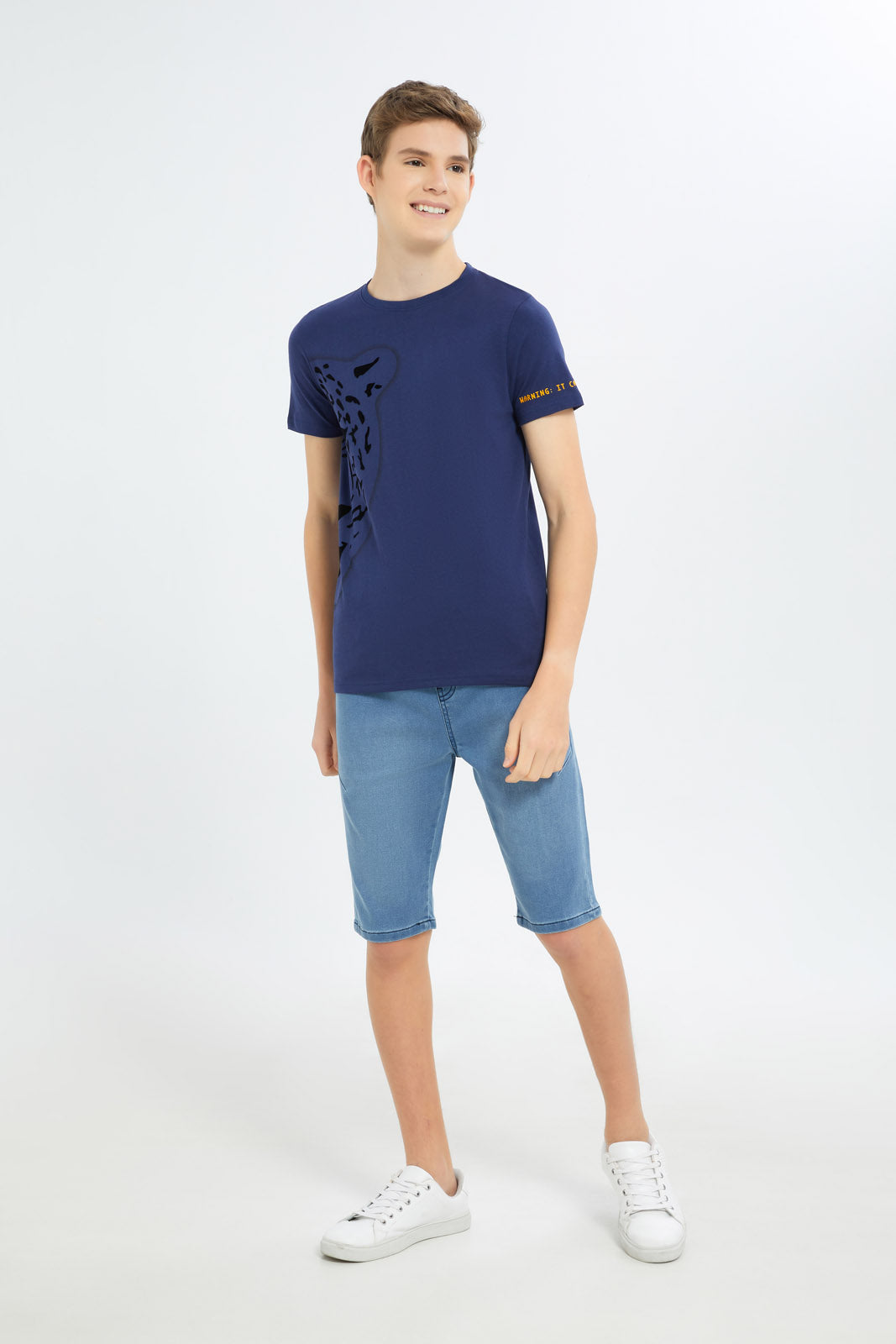 Redtag-Boys-Navy-Tiger-Flock-Tee-BSR-T-Shirts,-Category:T-Shirts,-Colour:Navy,-Deals:New-In,-Dept:Boys,-Filter:Senior-Boys-(8-to-14-Yrs),-H1:KWR,-H2:BSR,-H3:TSH,-H4:TSH,-New-In-BSR-APL,-Non-Sale,-S23B,-Season:S23C,-Section:Boys-(0-to-14Yrs)-Senior-Boys-9 to 14 Years