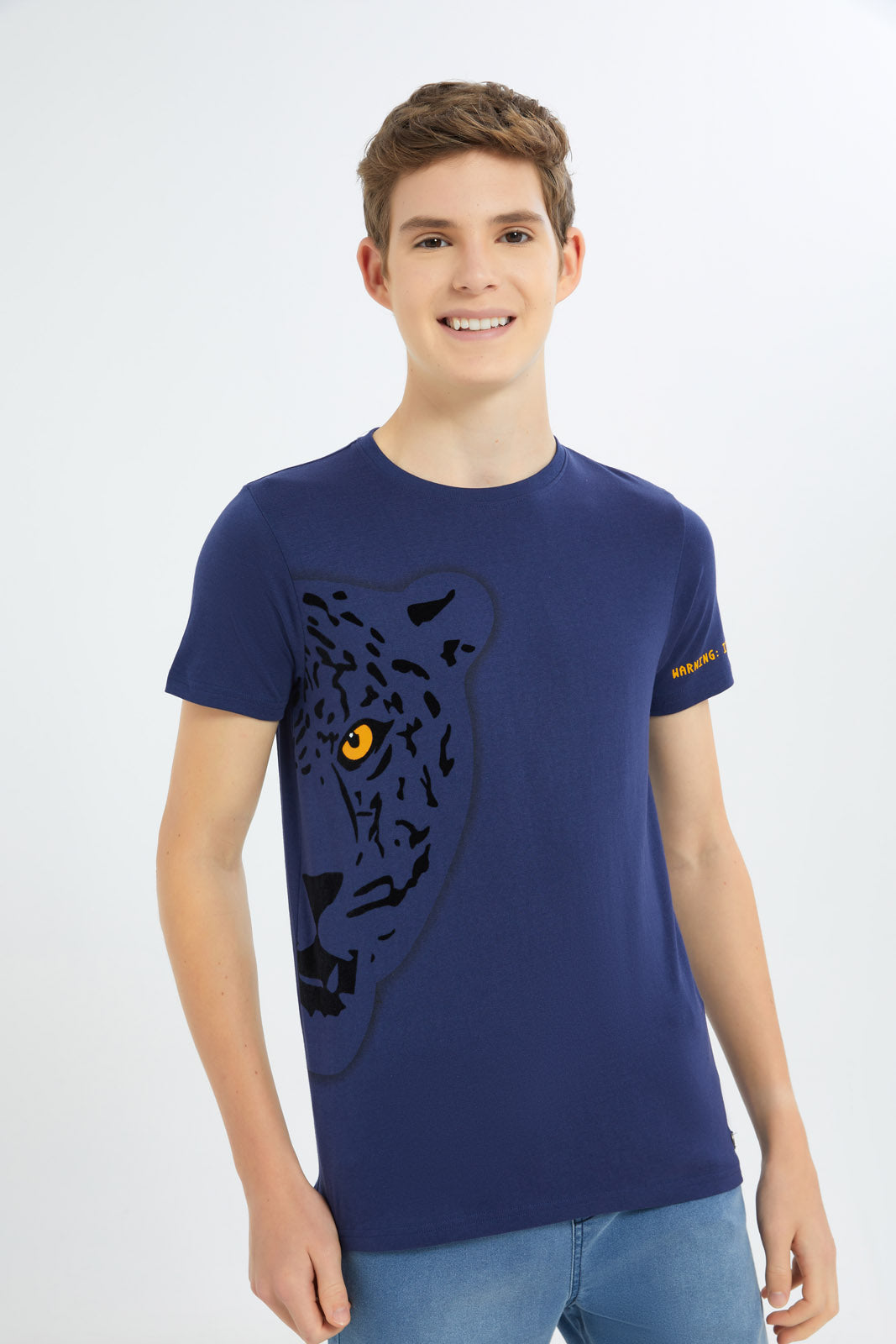 Redtag-Boys-Navy-Tiger-Flock-Tee-BSR-T-Shirts,-Category:T-Shirts,-Colour:Navy,-Deals:New-In,-Dept:Boys,-Filter:Senior-Boys-(8-to-14-Yrs),-H1:KWR,-H2:BSR,-H3:TSH,-H4:TSH,-New-In-BSR-APL,-Non-Sale,-S23B,-Season:S23C,-Section:Boys-(0-to-14Yrs)-Senior-Boys-9 to 14 Years