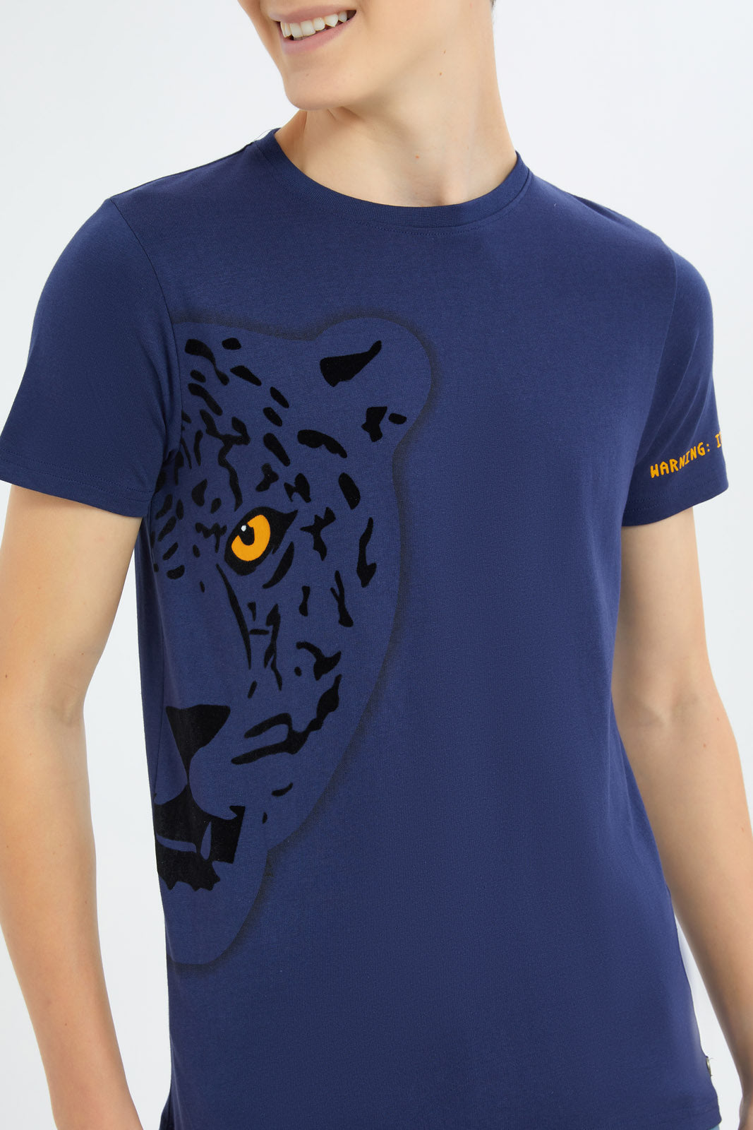 Redtag-Boys-Navy-Tiger-Flock-Tee-BSR-T-Shirts,-Category:T-Shirts,-Colour:Navy,-Deals:New-In,-Dept:Boys,-Filter:Senior-Boys-(8-to-14-Yrs),-H1:KWR,-H2:BSR,-H3:TSH,-H4:TSH,-New-In-BSR-APL,-Non-Sale,-S23B,-Season:S23C,-Section:Boys-(0-to-14Yrs)-Senior-Boys-9 to 14 Years
