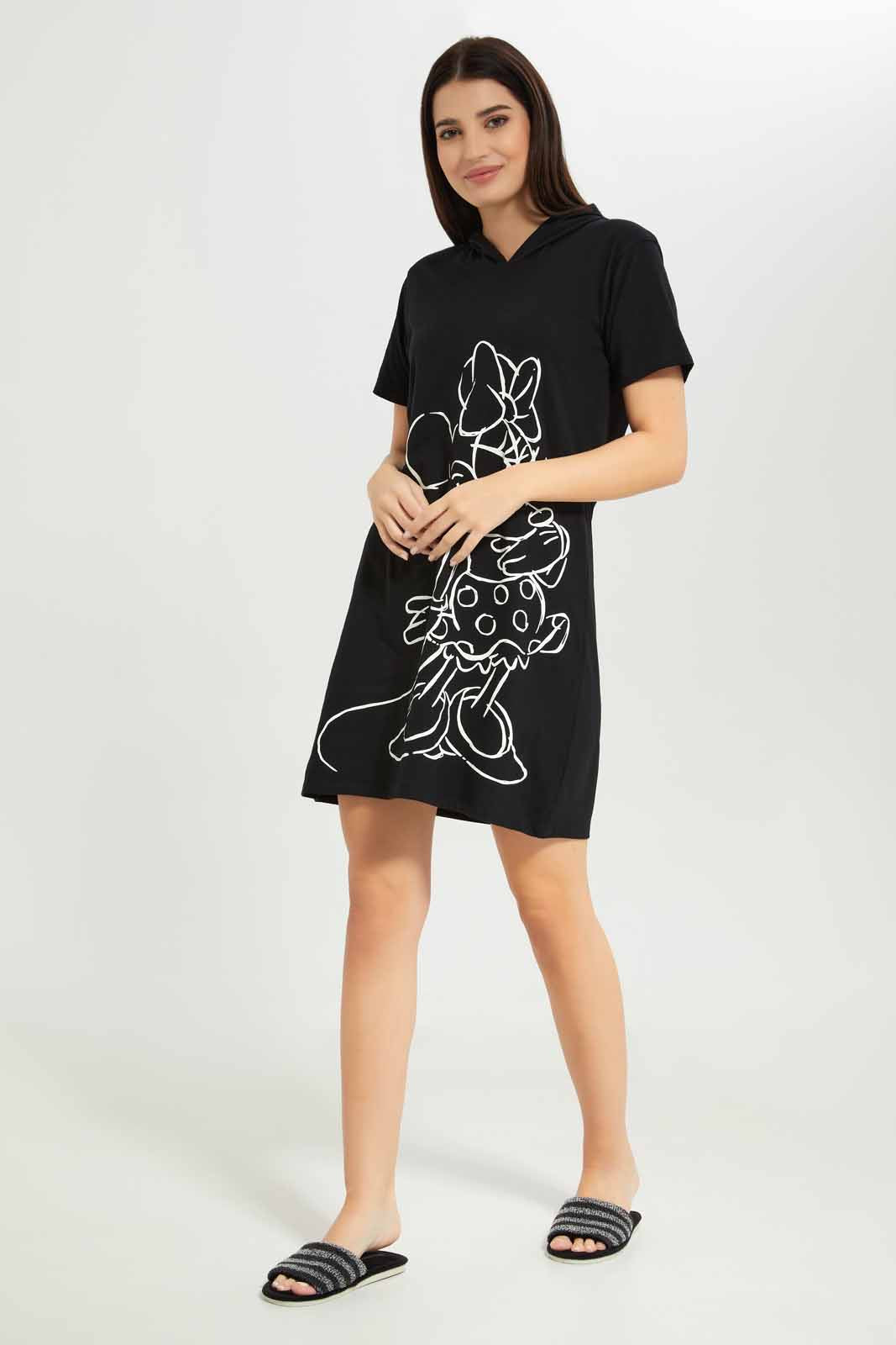 Women Black Mickey Hooded Nightshirt