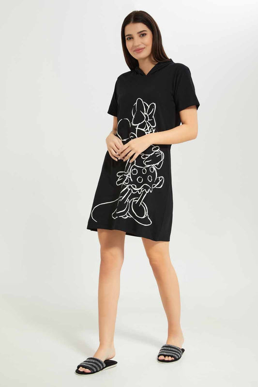 Women Black Mickey Hooded Nightshirt