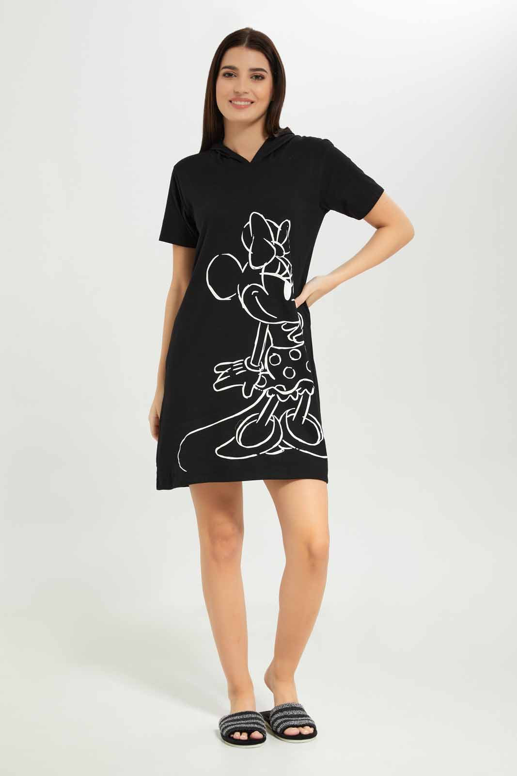 Women Black Mickey Hooded Nightshirt