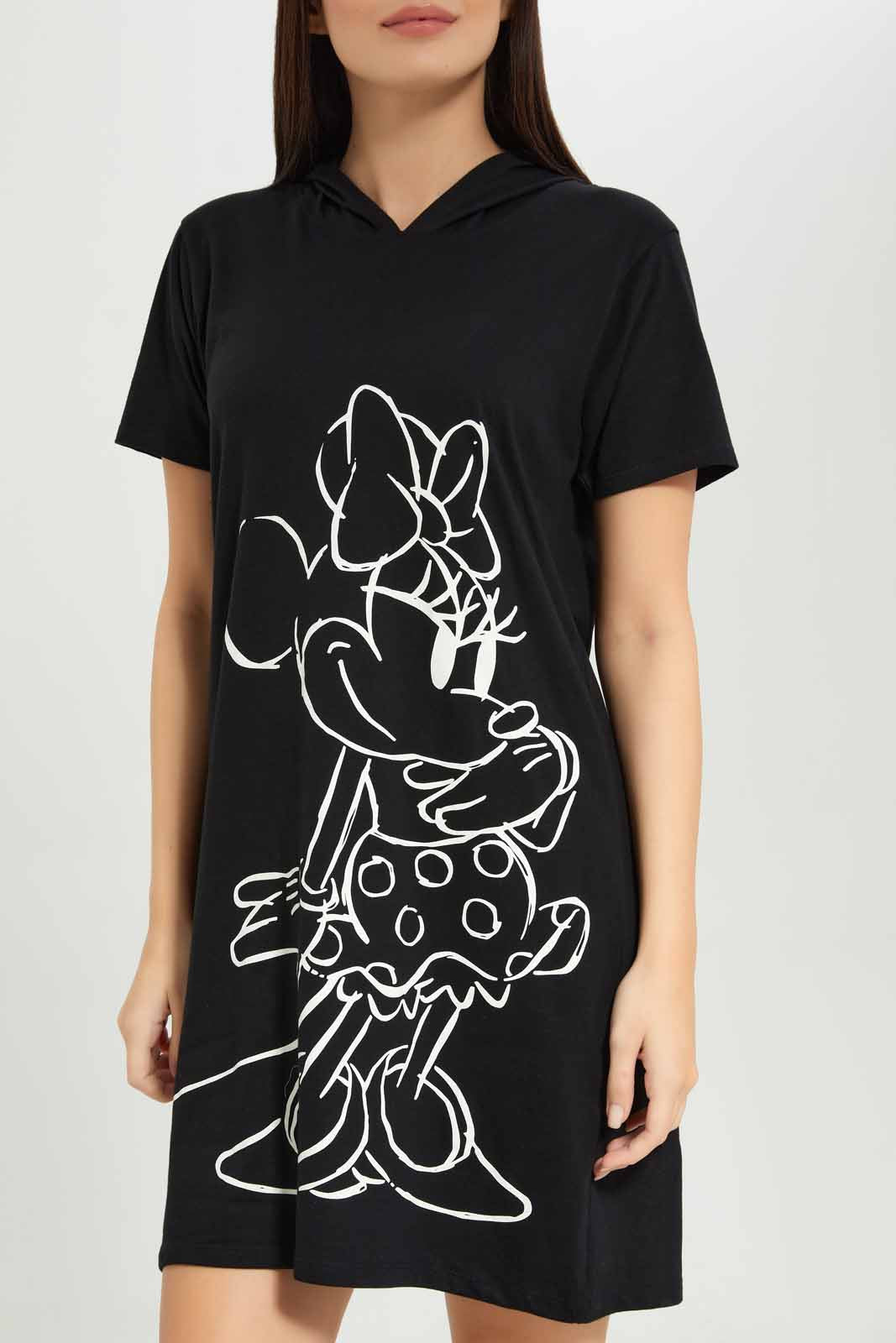 Women Black Mickey Hooded Nightshirt