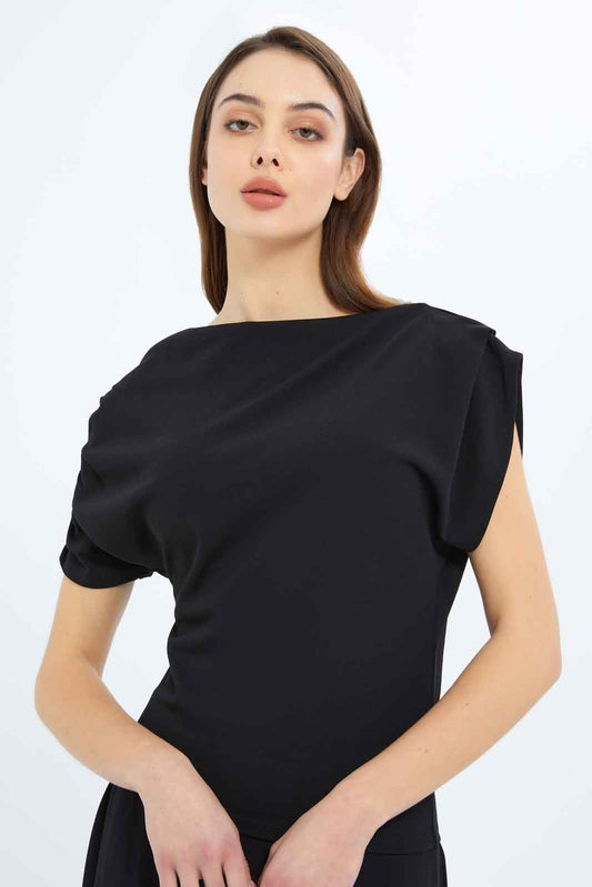 Redtag-Women-Off-Shoulder-Waisted-Top-Category:Tops,-Colour:Black,-Deals:New-In,-Dept:Ladieswear,-Filter:Women's-Clothing,-New-In-Women-APL,-Non-Sale,-S23B,-Section:Women,-Women-Tops-Women's-