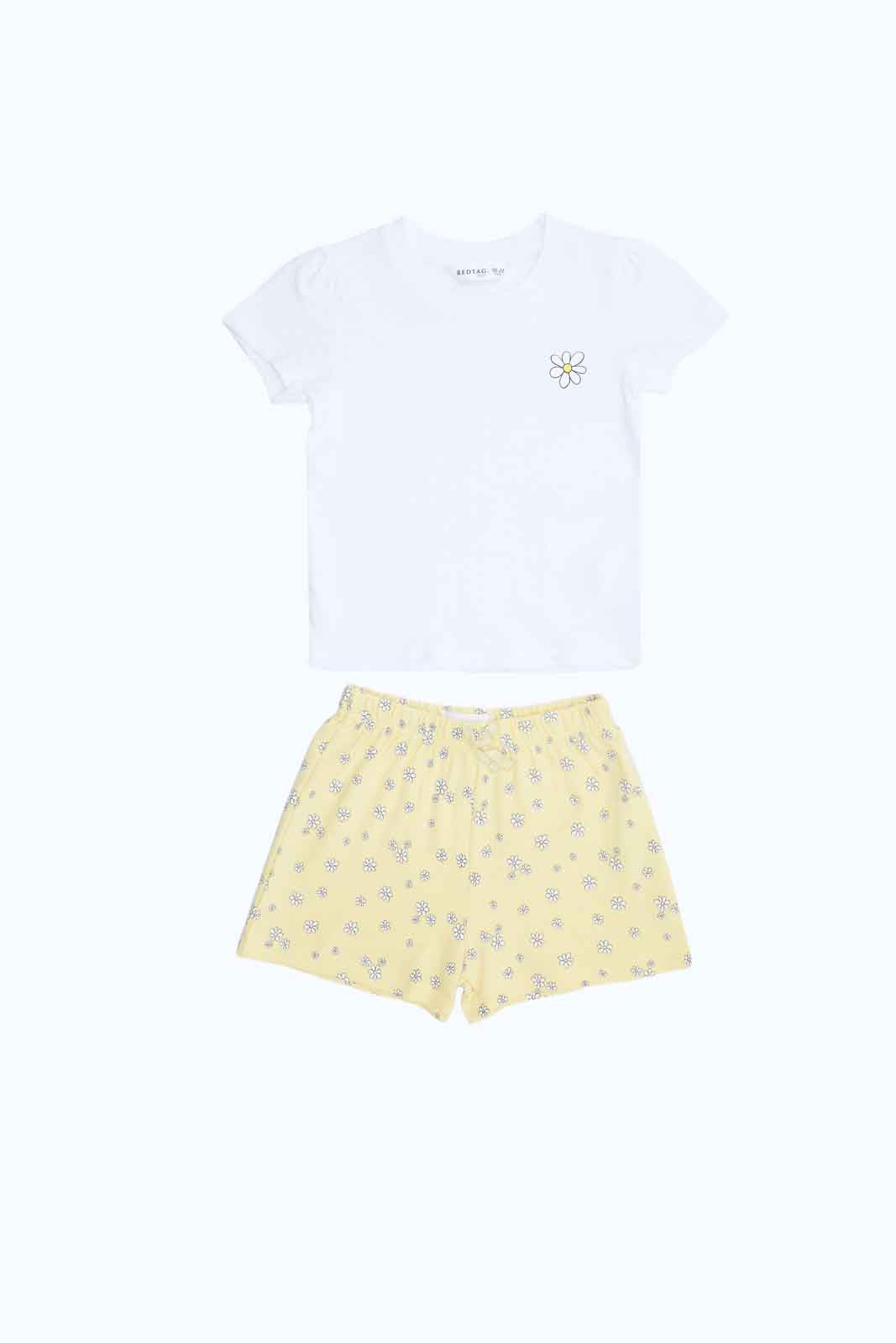 Redtag-Girls-White-Solid-T-Shirt-With-Yellow-Floral-Shorts-Category:Sets,-Colour:Assorted,-Deals:New-In,-Dept:Girls,-Filter:Infant-Girls-(3-to-24-Mths),-ING-Sets,-New-In-ING-APL,-Non-Sale,-S23B,-Section:Girls-(0-to-14Yrs),-VLM-Infant-Girls-3 to 24 Months