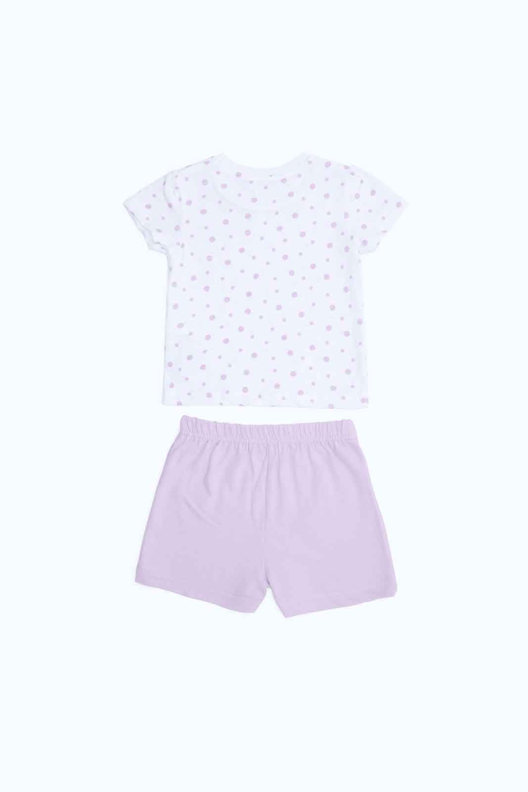 Redtag-Girls-White-Aop-T-Shirt-With-Solid-Lilac-Short-Category:Sets,-Colour:Assorted,-Deals:New-In,-Dept:Girls,-Filter:Infant-Girls-(3-to-24-Mths),-ING-Sets,-New-In-ING-APL,-Non-Sale,-S23B,-Section:Girls-(0-to-14Yrs),-VLM-Infant-Girls-3 to 24 Months