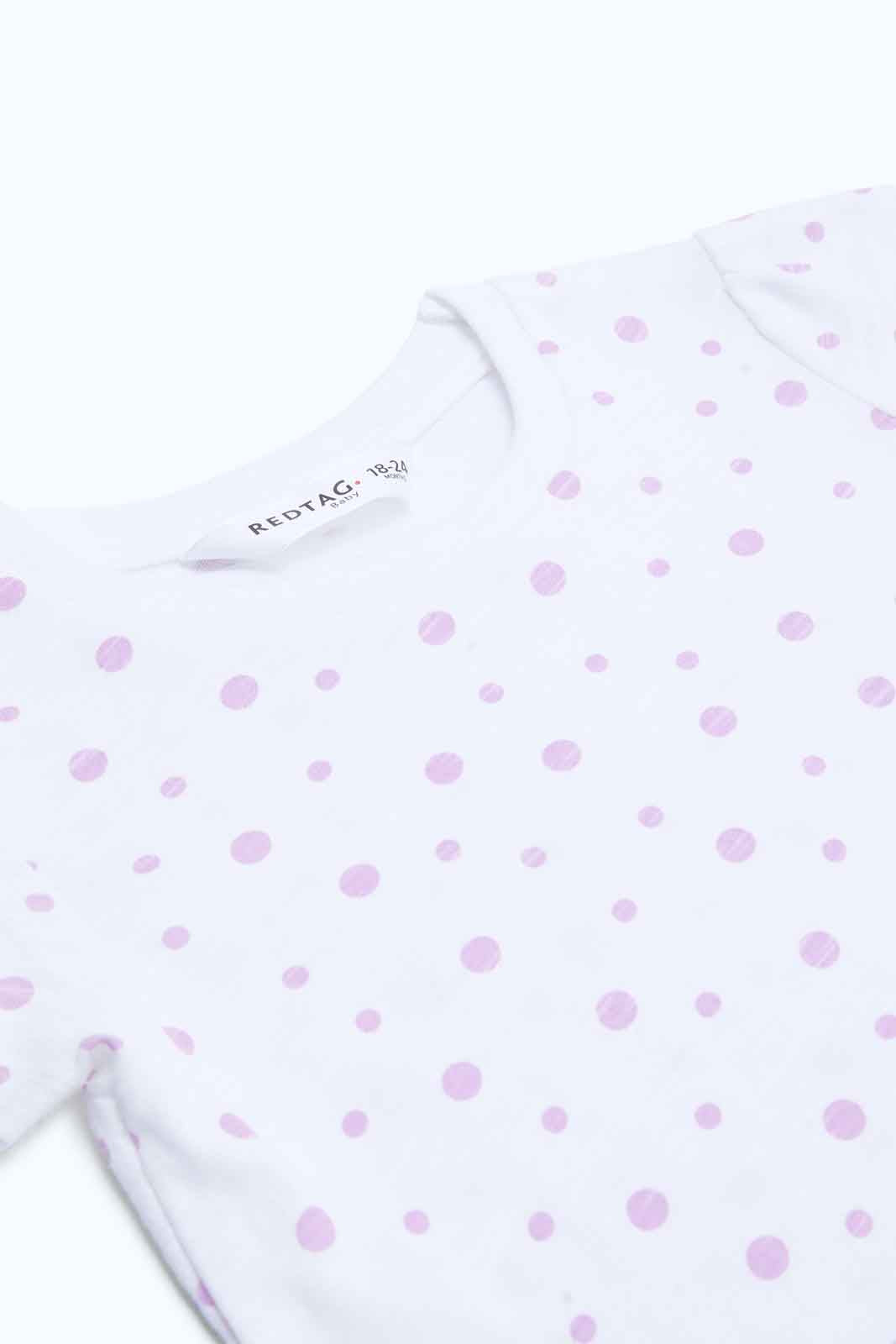 Redtag-Girls-White-Aop-T-Shirt-With-Solid-Lilac-Short-Category:Sets,-Colour:Assorted,-Deals:New-In,-Dept:Girls,-Filter:Infant-Girls-(3-to-24-Mths),-ING-Sets,-New-In-ING-APL,-Non-Sale,-S23B,-Section:Girls-(0-to-14Yrs),-VLM-Infant-Girls-3 to 24 Months