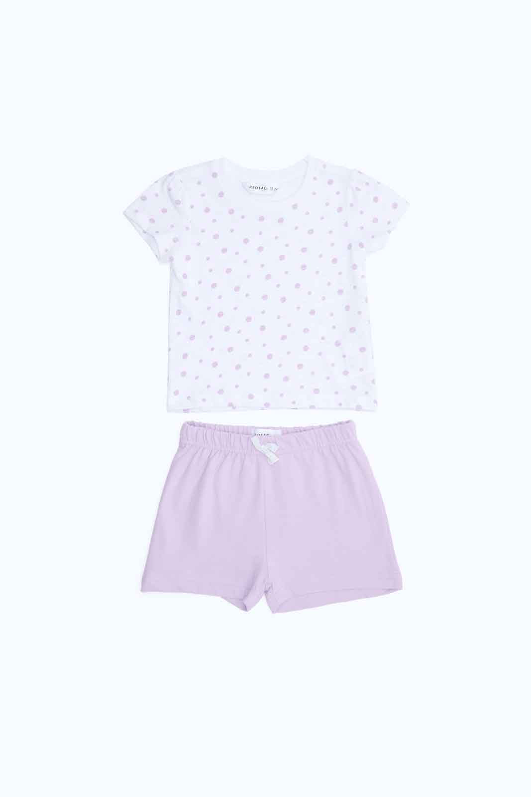 Redtag-Girls-White-Aop-T-Shirt-With-Solid-Lilac-Short-Category:Sets,-Colour:Assorted,-Deals:New-In,-Dept:Girls,-Filter:Infant-Girls-(3-to-24-Mths),-ING-Sets,-New-In-ING-APL,-Non-Sale,-S23B,-Section:Girls-(0-to-14Yrs),-VLM-Infant-Girls-3 to 24 Months
