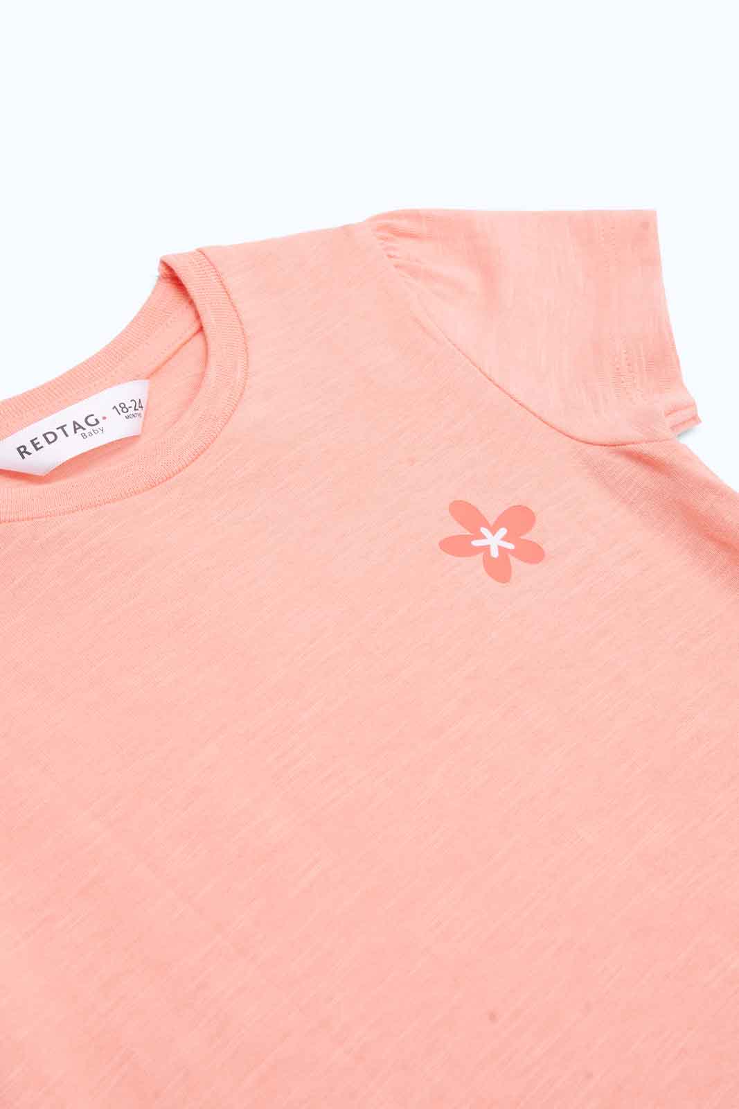 Redtag-Girls-Coral-Solid-T-Shirt-With-White-Aop-Short-Category:Sets,-Colour:Assorted,-Deals:New-In,-Dept:Girls,-Filter:Infant-Girls-(3-to-24-Mths),-ING-Sets,-New-In-ING-APL,-Non-Sale,-S23B,-Section:Girls-(0-to-14Yrs),-VLM-Infant-Girls-3 to 24 Months