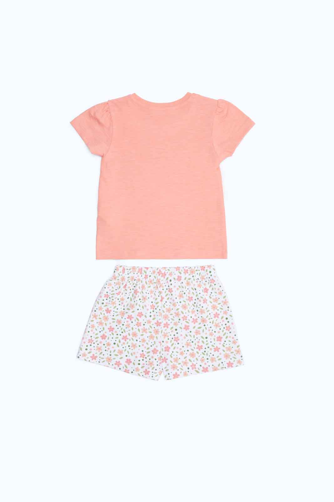 Redtag-Girls-Coral-Solid-T-Shirt-With-White-Aop-Short-Category:Sets,-Colour:Assorted,-Deals:New-In,-Dept:Girls,-Filter:Infant-Girls-(3-to-24-Mths),-ING-Sets,-New-In-ING-APL,-Non-Sale,-S23B,-Section:Girls-(0-to-14Yrs),-VLM-Infant-Girls-3 to 24 Months