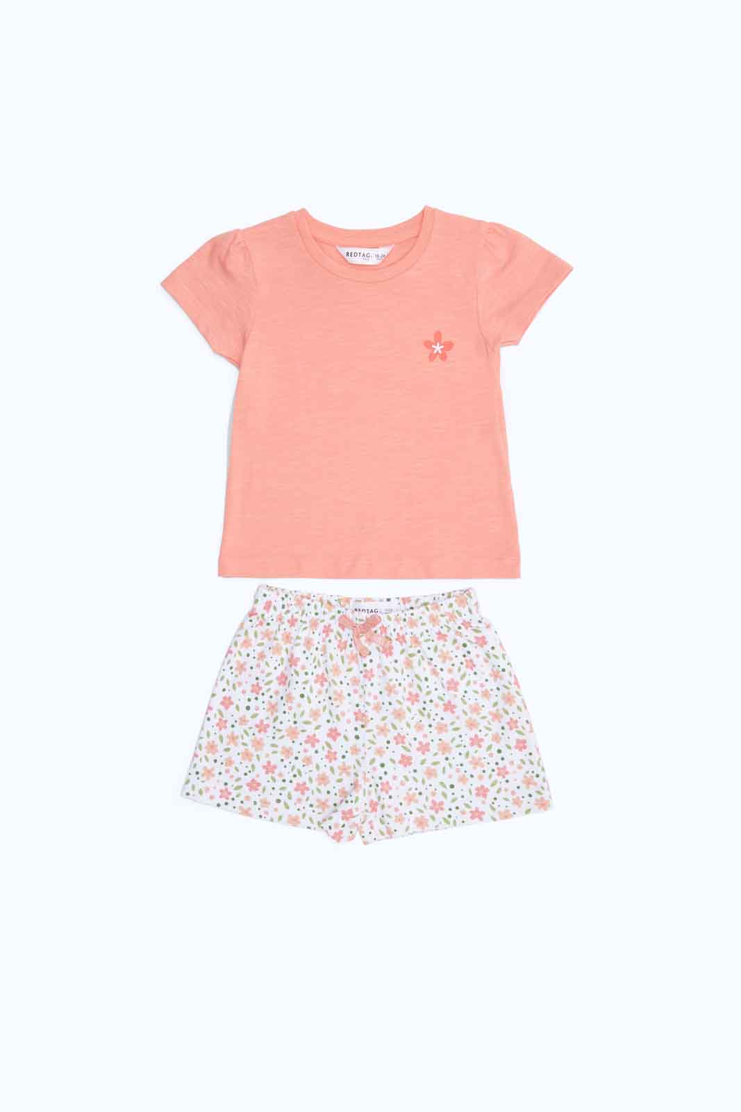Redtag-Girls-Coral-Solid-T-Shirt-With-White-Aop-Short-Category:Sets,-Colour:Assorted,-Deals:New-In,-Dept:Girls,-Filter:Infant-Girls-(3-to-24-Mths),-ING-Sets,-New-In-ING-APL,-Non-Sale,-S23B,-Section:Girls-(0-to-14Yrs),-VLM-Infant-Girls-3 to 24 Months