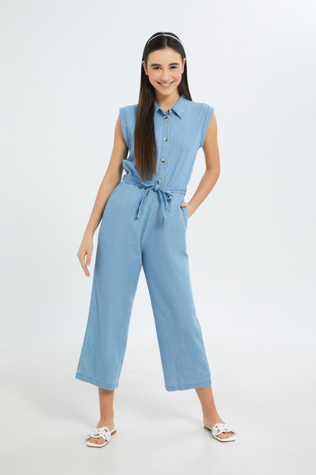 Redtag-Girls-Lt-Wash-Shirt-Jumpsuit-Dress-Category:Dresses,-Colour:Light-Wash,-Deals:New-In,-Dept:Girls,-Filter:Senior-Girls-(8-to-14-Yrs),-GSR-Dresses,-H1:KWR,-H2:GSR,-H3:DRS,-H4:CAD,-New-In-GSR-APL,-Non-Sale,-S23C,-Season:S23C,-Section:Girls-(0-to-14Yrs)-Senior-Girls-9 to 14 Years