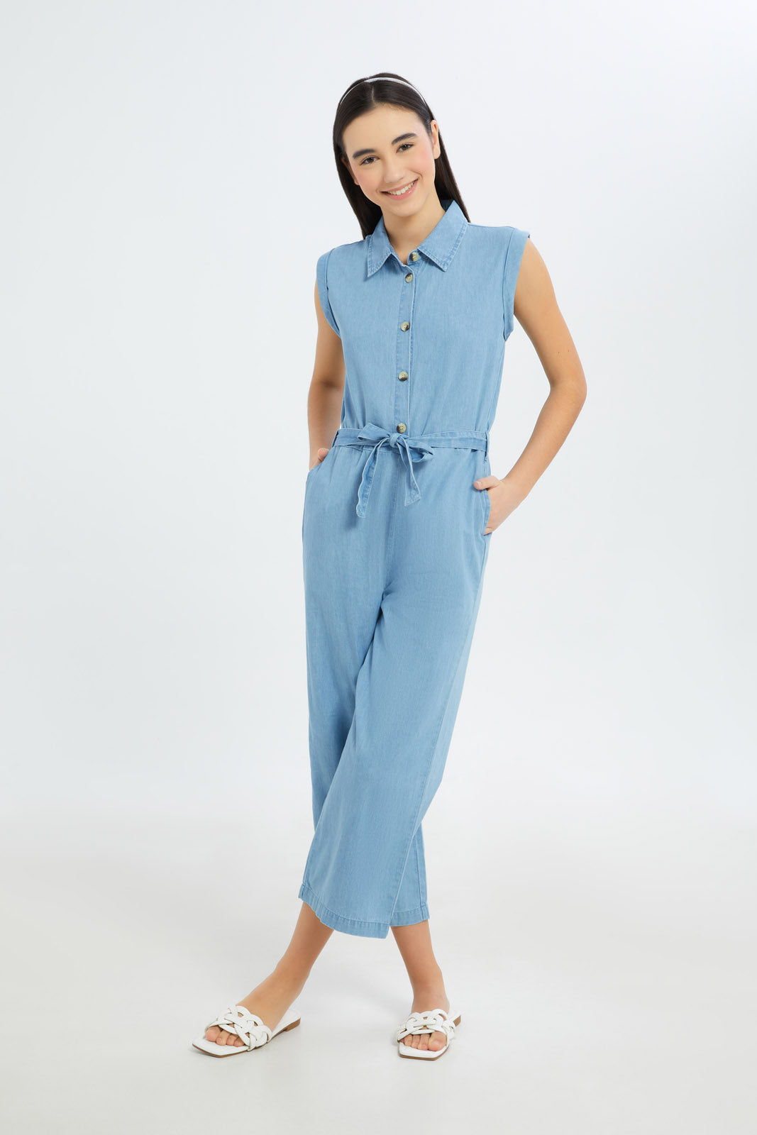 Redtag-Girls-Lt-Wash-Shirt-Jumpsuit-Dress-Category:Dresses,-Colour:Light-Wash,-Deals:New-In,-Dept:Girls,-Filter:Senior-Girls-(8-to-14-Yrs),-GSR-Dresses,-H1:KWR,-H2:GSR,-H3:DRS,-H4:CAD,-New-In-GSR-APL,-Non-Sale,-S23C,-Season:S23C,-Section:Girls-(0-to-14Yrs)-Senior-Girls-9 to 14 Years