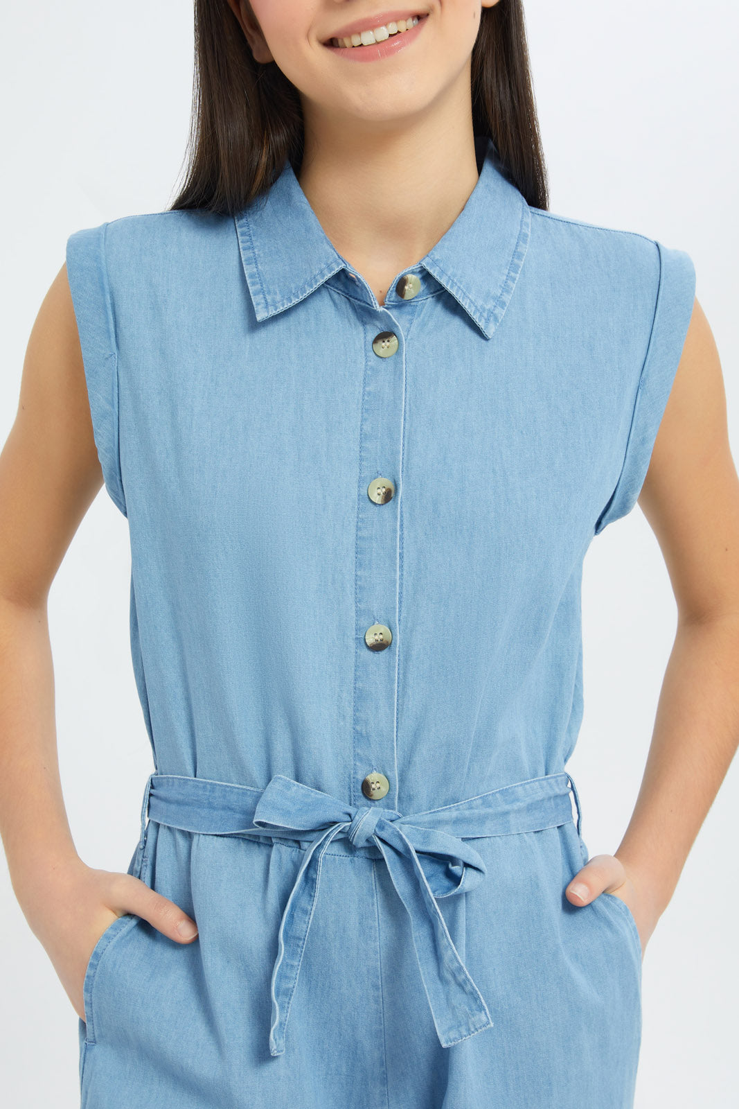 Redtag-Girls-Lt-Wash-Shirt-Jumpsuit-Dress-Category:Dresses,-Colour:Light-Wash,-Deals:New-In,-Dept:Girls,-Filter:Senior-Girls-(8-to-14-Yrs),-GSR-Dresses,-H1:KWR,-H2:GSR,-H3:DRS,-H4:CAD,-New-In-GSR-APL,-Non-Sale,-S23C,-Season:S23C,-Section:Girls-(0-to-14Yrs)-Senior-Girls-9 to 14 Years