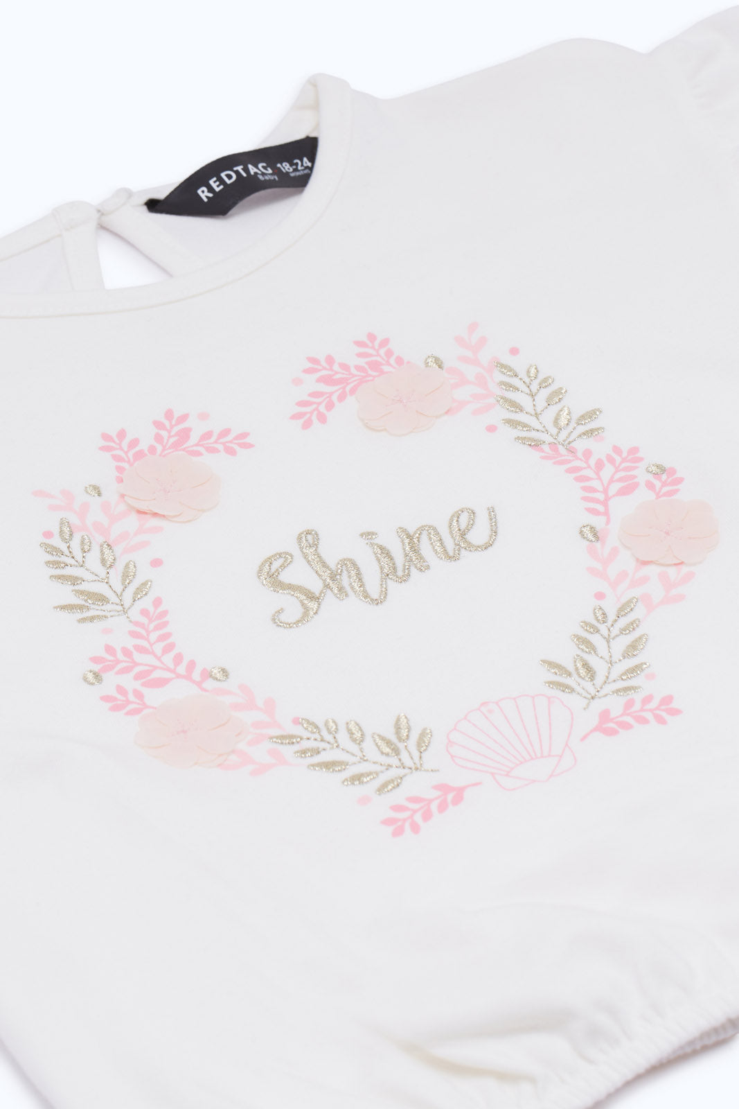 Redtag-Girls-White-Floral-Embroidery-T-Shirt-Category:T-Shirts,-Colour:White,-Deals:New-In,-Dept:Girls,-Filter:Infant-Girls-(3-to-24-Mths),-H1:KWR,-H2:ING,-H3:TSH,-H4:CAT,-ING-T-Shirts,-New-In-ING-APL,-Non-Sale,-RMD,-S23C,-Season:S23C,-Section:Girls-(0-to-14Yrs)-Infant-Girls-3 to 24 Months