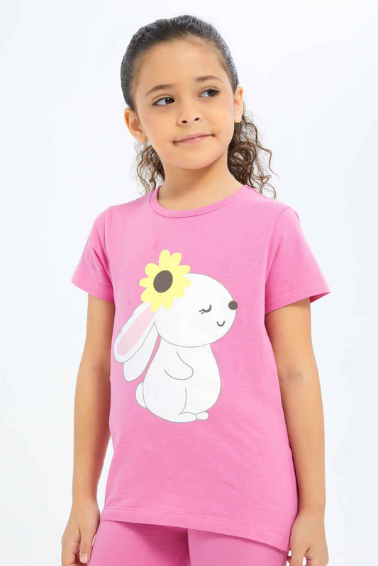 Redtag-Girls-Fuschia-Bunny-Print-Tee-Category:T-Shirts,-Colour:Fuchsia,-Deals:New-In,-Dept:Girls,-Filter:Girls-(2-to-8-Yrs),-GIR-T-Shirts,-New-In-GIR-APL,-Non-Sale,-S23B,-Section:Girls-(0-to-14Yrs),-TBL-Girls-2 to 8 Years