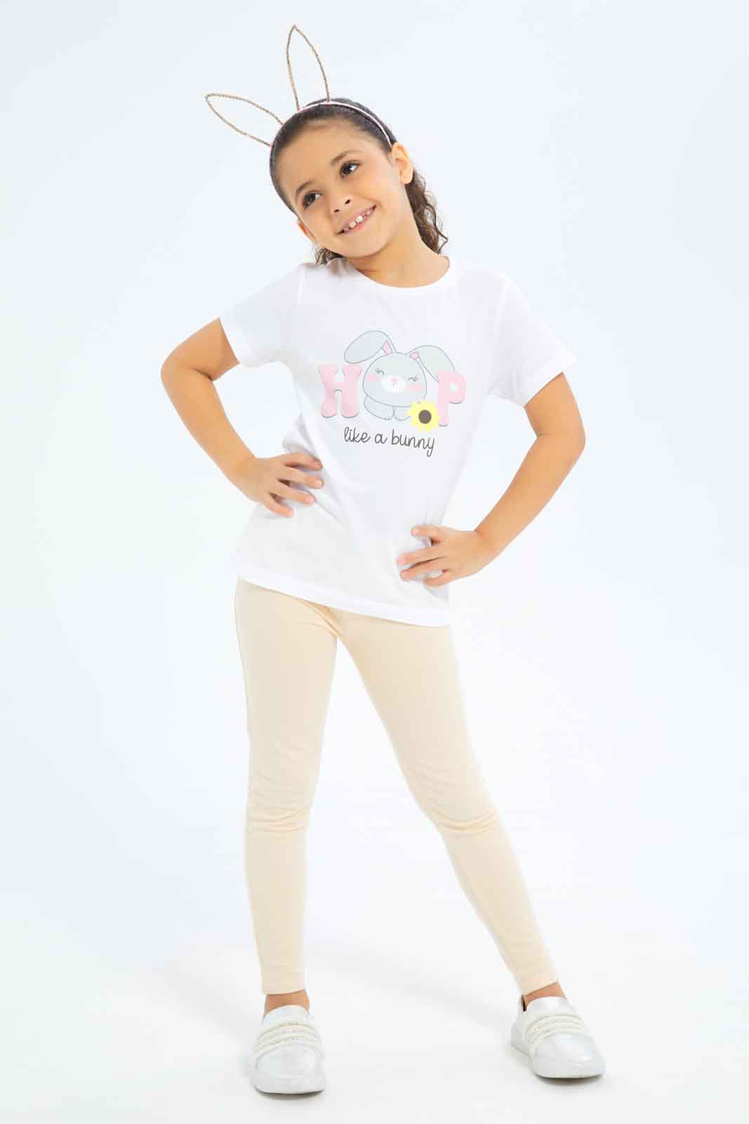 Redtag-Girls-Cream-Graphic-Hop-Tee-Category:T-Shirts,-Colour:Cream,-Deals:New-In,-Dept:Girls,-Filter:Girls-(2-to-8-Yrs),-GIR-T-Shirts,-New-In-GIR-APL,-Non-Sale,-S23B,-Section:Girls-(0-to-14Yrs),-TBL-Girls-2 to 8 Years