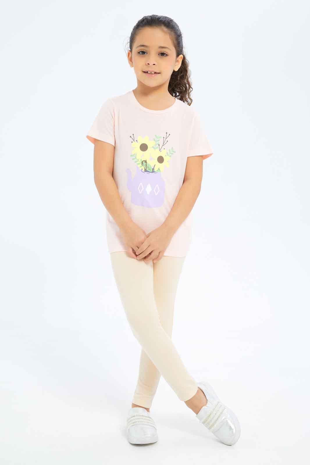 Redtag-Girls-Coral-Floral-Tee-Category:T-Shirts,-Colour:Coral,-Deals:New-In,-Dept:Girls,-Filter:Girls-(2-to-8-Yrs),-GIR-T-Shirts,-New-In-GIR-APL,-Non-Sale,-S23B,-Section:Girls-(0-to-14Yrs),-TBL-Girls-2 to 8 Years