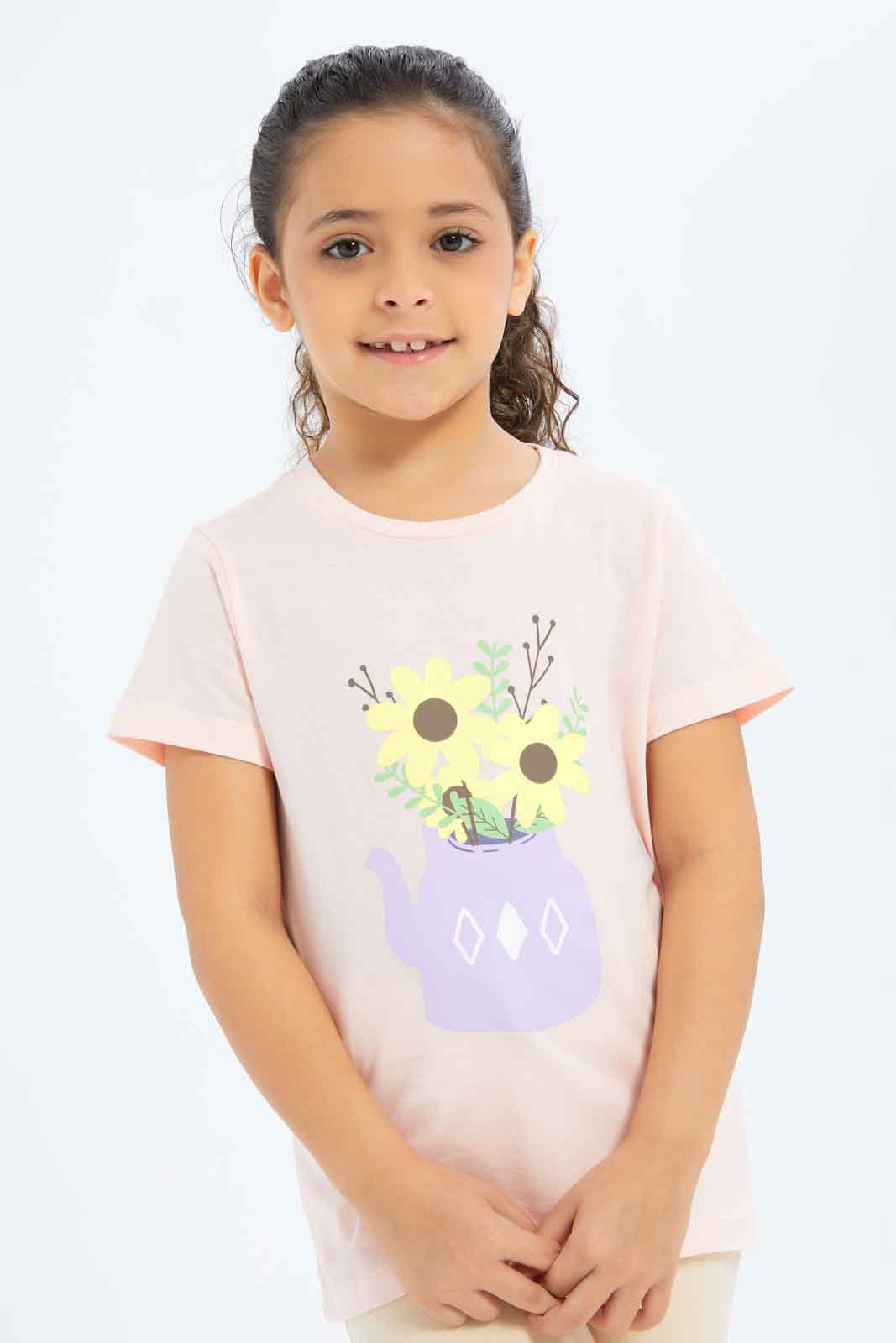 Redtag-Girls-Coral-Floral-Tee-Category:T-Shirts,-Colour:Coral,-Deals:New-In,-Dept:Girls,-Filter:Girls-(2-to-8-Yrs),-GIR-T-Shirts,-New-In-GIR-APL,-Non-Sale,-S23B,-Section:Girls-(0-to-14Yrs),-TBL-Girls-2 to 8 Years