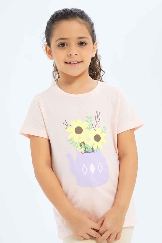 Redtag-Girls-Coral-Floral-Tee-Category:T-Shirts,-Colour:Coral,-Deals:New-In,-Dept:Girls,-Filter:Girls-(2-to-8-Yrs),-GIR-T-Shirts,-New-In-GIR-APL,-Non-Sale,-S23B,-Section:Girls-(0-to-14Yrs),-TBL-Girls-2 to 8 Years