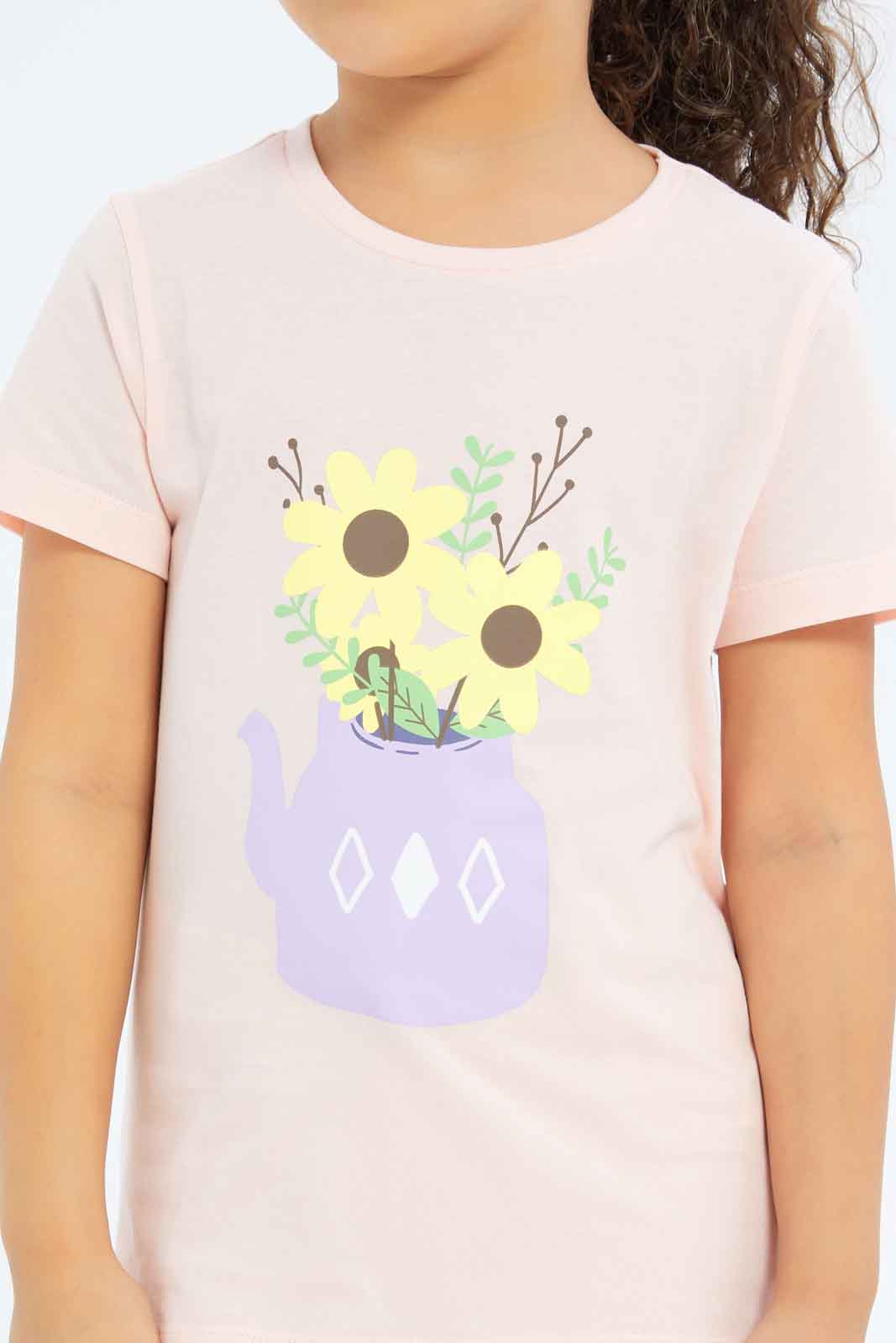 Redtag-Girls-Coral-Floral-Tee-Category:T-Shirts,-Colour:Coral,-Deals:New-In,-Dept:Girls,-Filter:Girls-(2-to-8-Yrs),-GIR-T-Shirts,-New-In-GIR-APL,-Non-Sale,-S23B,-Section:Girls-(0-to-14Yrs),-TBL-Girls-2 to 8 Years