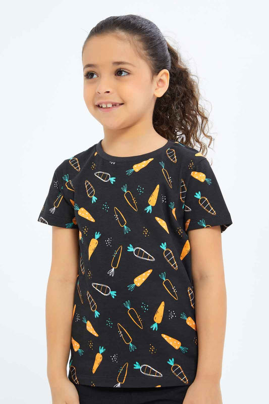 Redtag-Girls-Black-All-Over-Print-Tee-Category:T-Shirts,-Colour:Black,-Deals:New-In,-Dept:Girls,-Filter:Girls-(2-to-8-Yrs),-GIR-T-Shirts,-New-In-GIR-APL,-Non-Sale,-S23B,-Section:Girls-(0-to-14Yrs),-TBL-Girls-2 to 8 Years