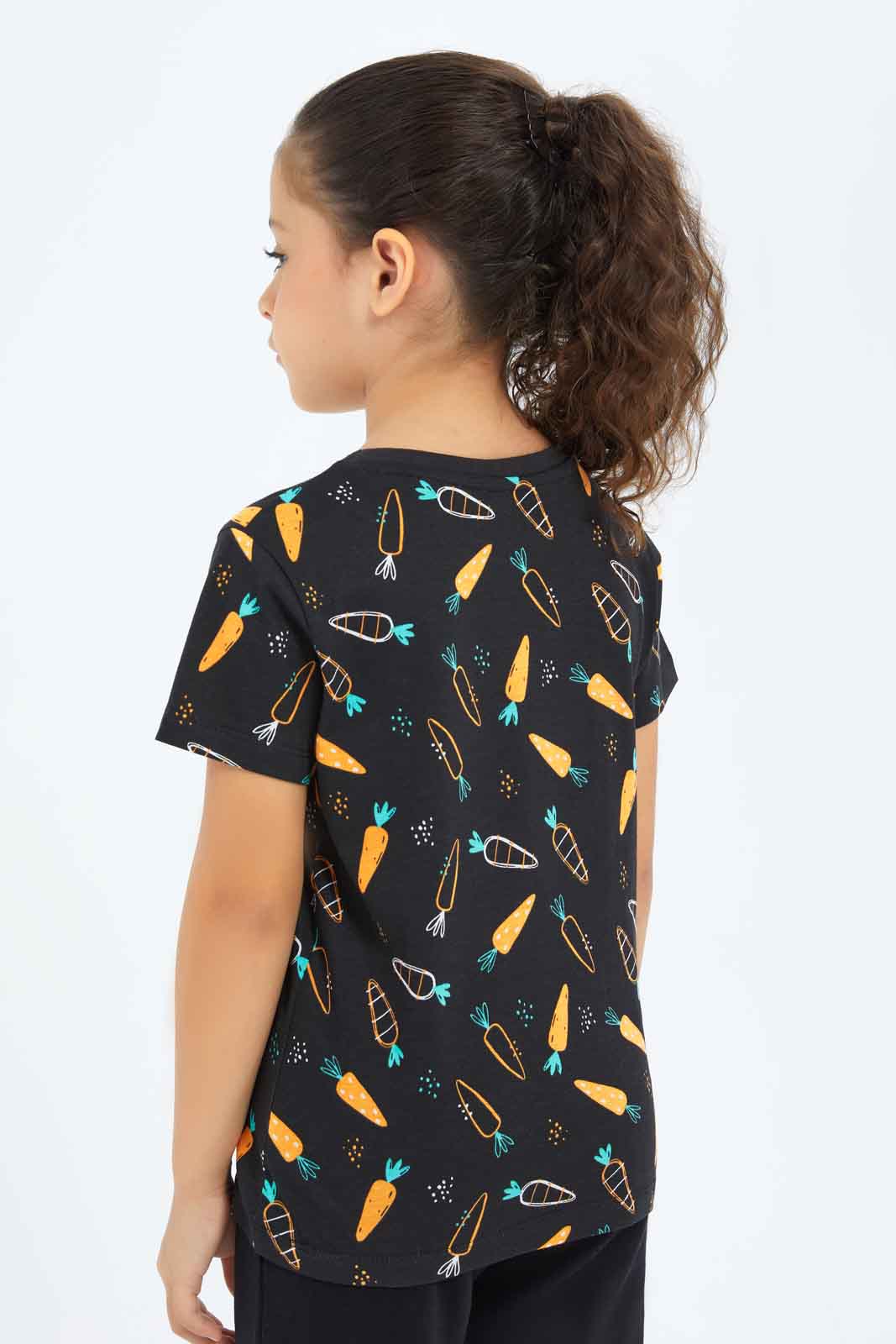 Redtag-Girls-Black-All-Over-Print-Tee-Category:T-Shirts,-Colour:Black,-Deals:New-In,-Dept:Girls,-Filter:Girls-(2-to-8-Yrs),-GIR-T-Shirts,-New-In-GIR-APL,-Non-Sale,-S23B,-Section:Girls-(0-to-14Yrs),-TBL-Girls-2 to 8 Years