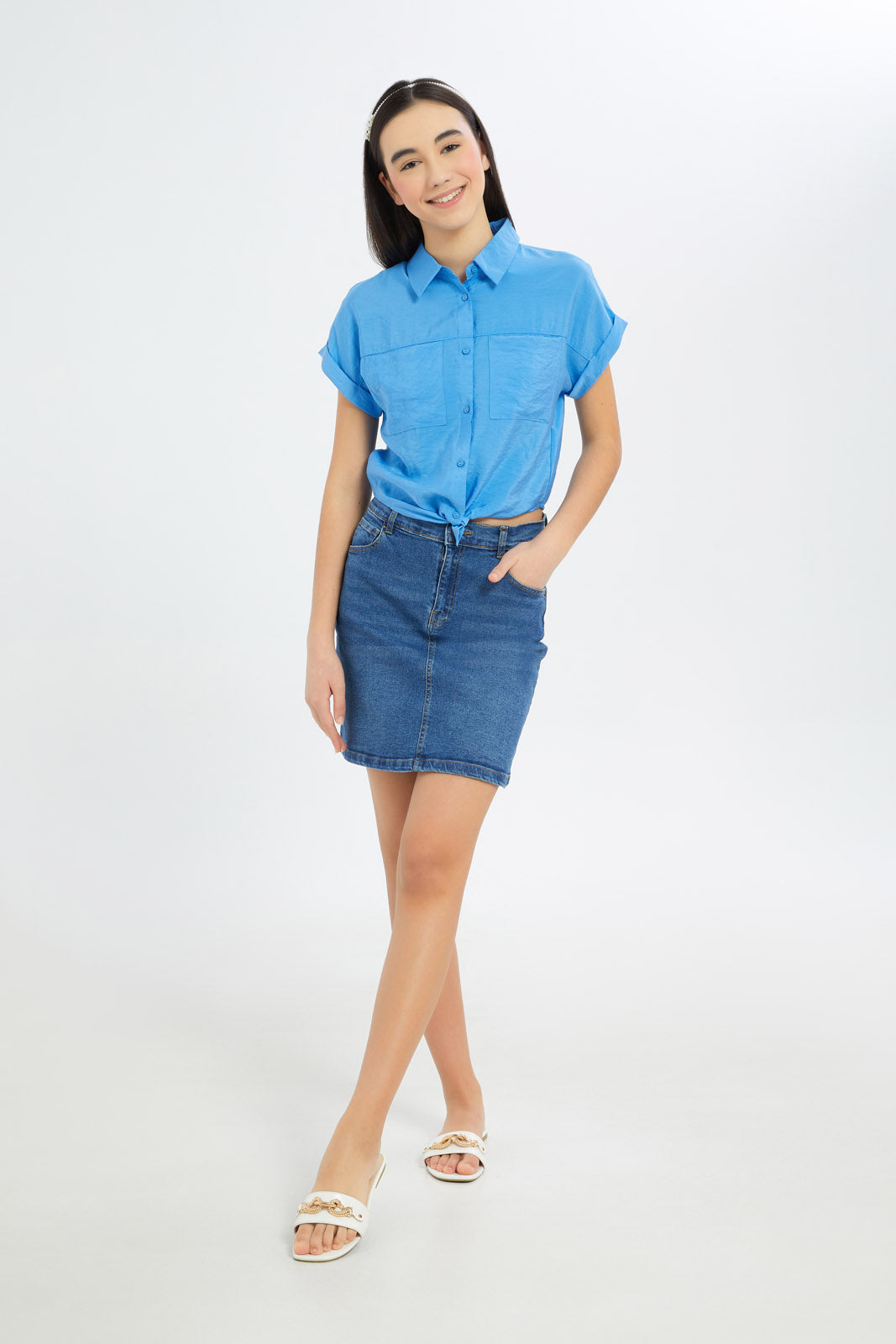 Redtag-Girls-Blue-Front-Tie-Shirt-Category:Blouses,-Colour:Blue,-Deals:New-In,-Dept:Girls,-Filter:Senior-Girls-(8-to-14-Yrs),-GSR-Blouses,-H1:KWR,-H2:GSR,-H3:BLO,-H4:CBL,-New-In-GSR-APL,-Non-Sale,-S23C,-Season:S23D,-Section:Girls-(0-to-14Yrs)-Senior-Girls-9 to 14 Years