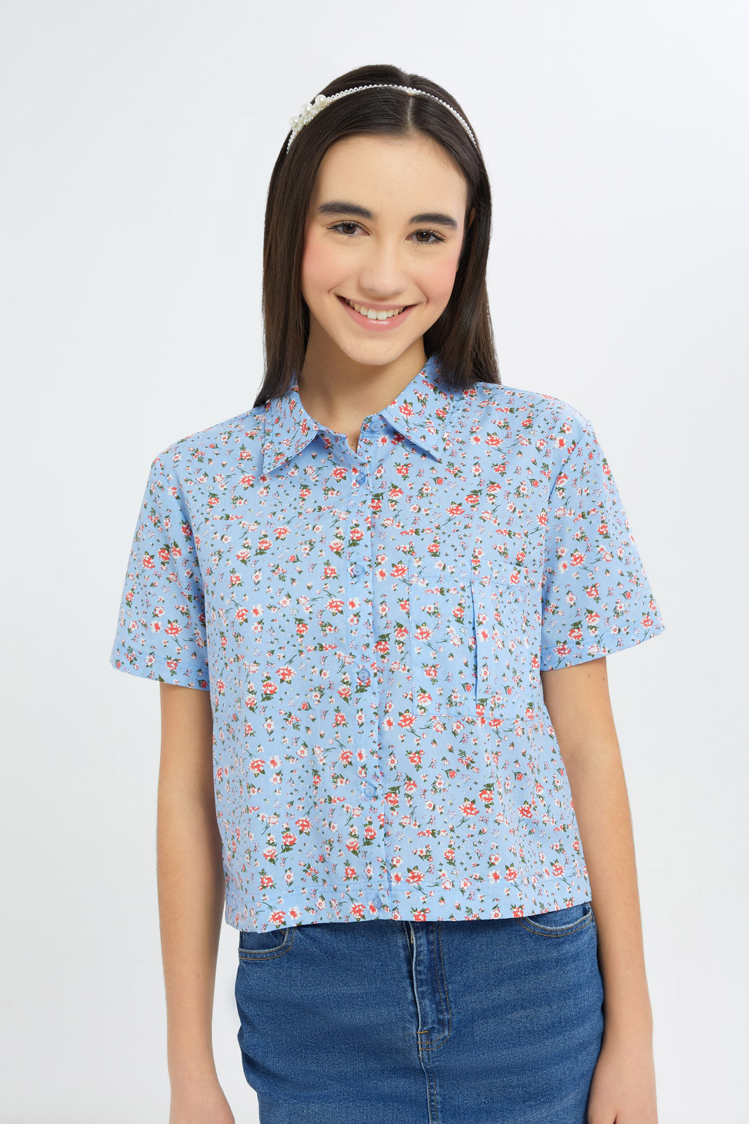 Redtag-Girls-Blue-Floral-Shirt-Category:Blouses,-Colour:Blue,-Deals:New-In,-Dept:Girls,-Filter:Senior-Girls-(8-to-14-Yrs),-GSR-Blouses,-H1:KWR,-H2:GSR,-H3:BLO,-H4:CBL,-New-In-GSR-APL,-Non-Sale,-S23C,-Season:S23C,-Section:Girls-(0-to-14Yrs)-Senior-Girls-9 to 14 Years