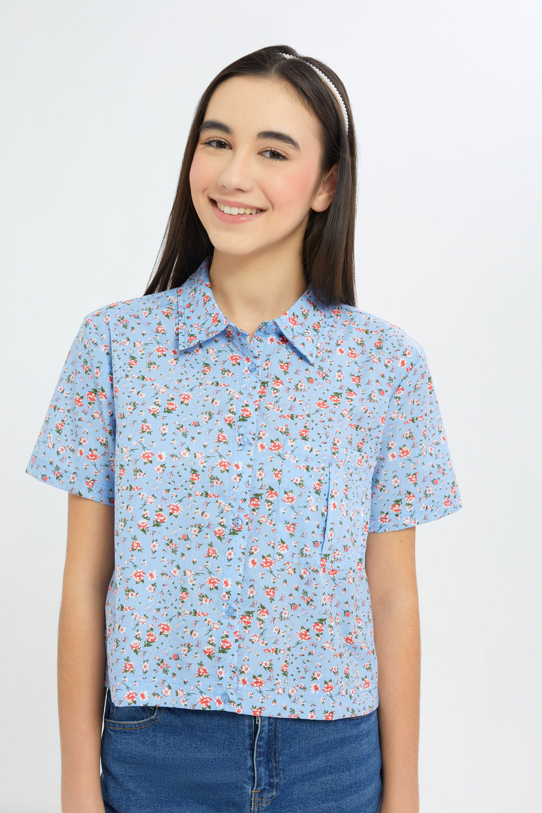 Redtag-Girls-Blue-Floral-Shirt-Category:Blouses,-Colour:Blue,-Deals:New-In,-Dept:Girls,-Filter:Senior-Girls-(8-to-14-Yrs),-GSR-Blouses,-H1:KWR,-H2:GSR,-H3:BLO,-H4:CBL,-New-In-GSR-APL,-Non-Sale,-S23C,-Season:S23C,-Section:Girls-(0-to-14Yrs)-Senior-Girls-9 to 14 Years